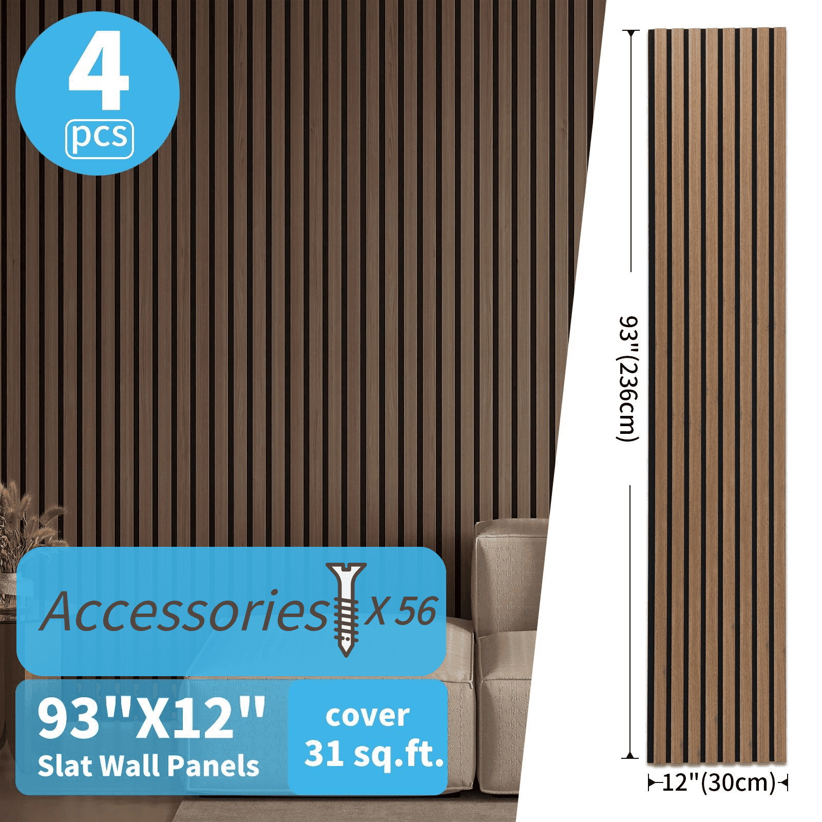 TEMU 93"x12" (4 Panels/box) 3d Grille Wall Panels In Wood Grain,sound Reducing Mdf For ,including Screw Accessories