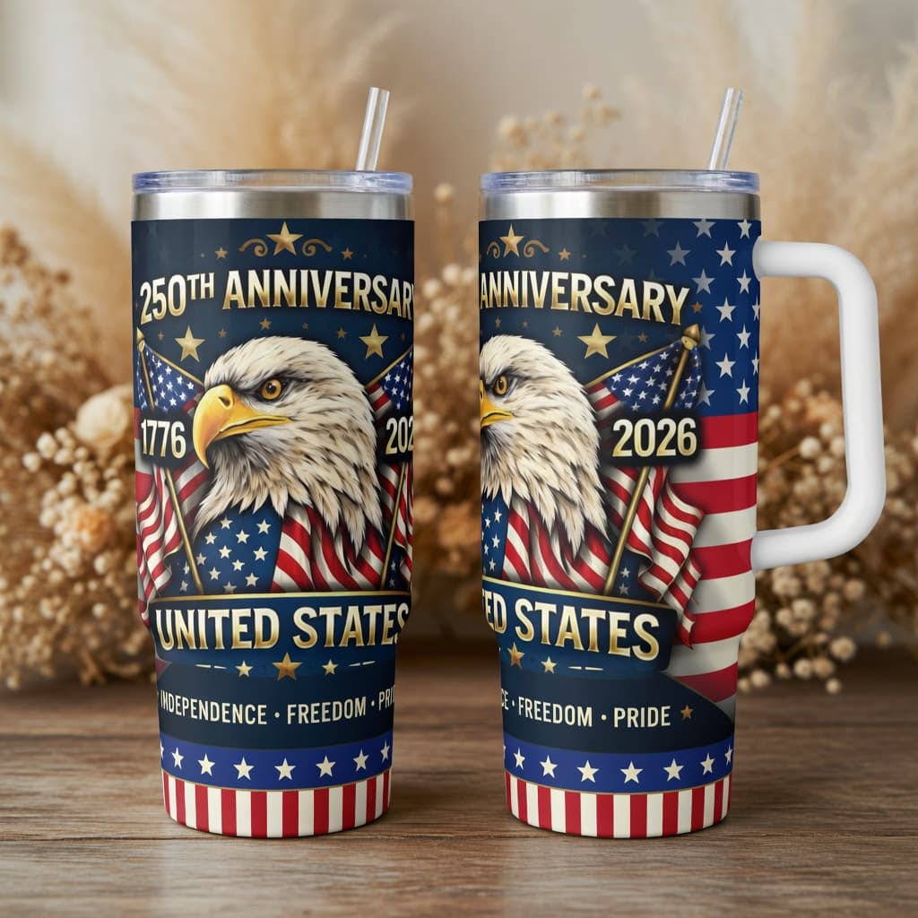 TEMU Usa 250th Anniversary Eagle Flag Tumbler With Handle And Straw, Patriotic American 1776-2026 Insulated 40oz Travel Mug, Pride Gift Cup