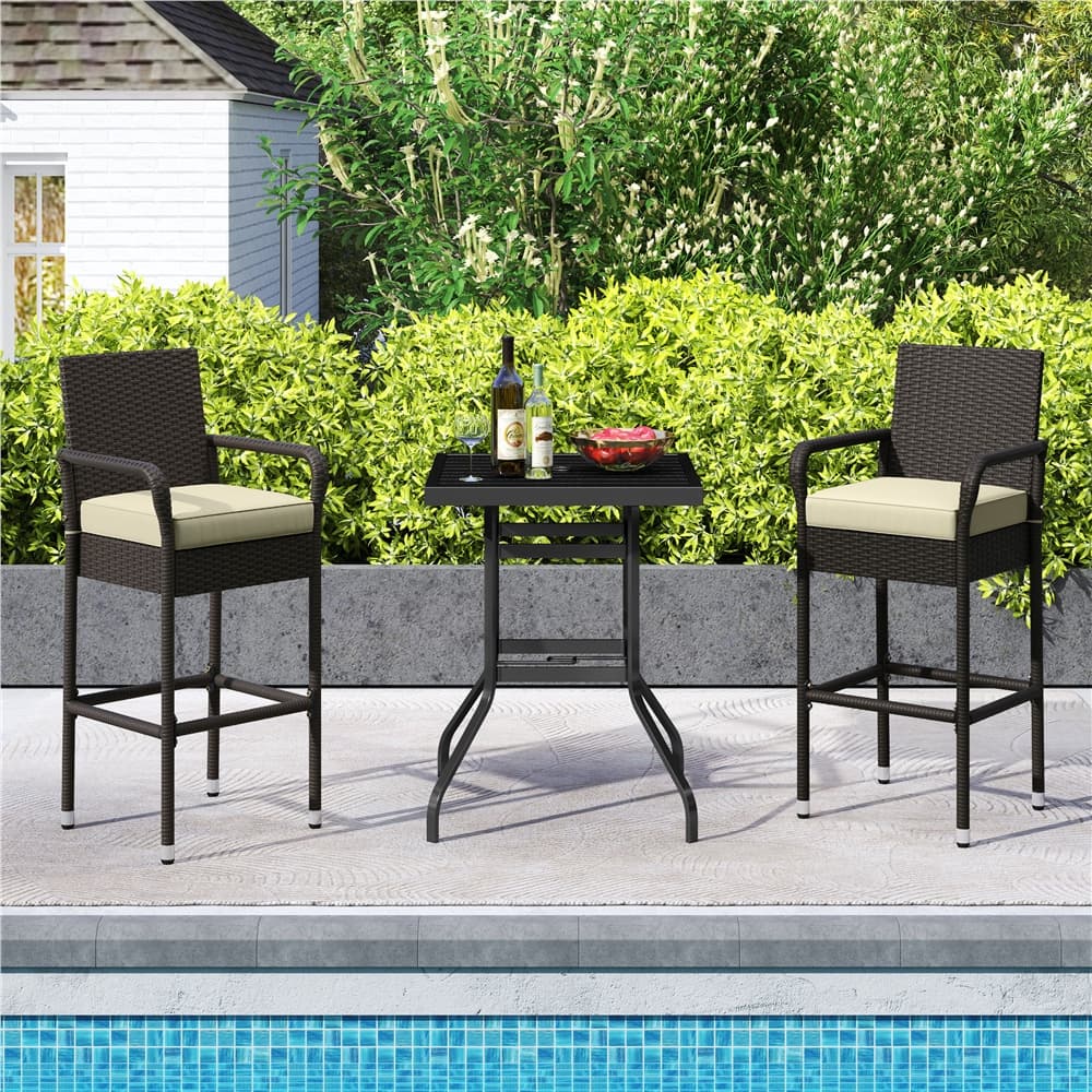 TEMU Pe Rattan Patio Set Of 2 Outdoor Pe Rattan Patio Bar Stools With Cushions & Armrests & Footrests For Garden & Deck & Porch
