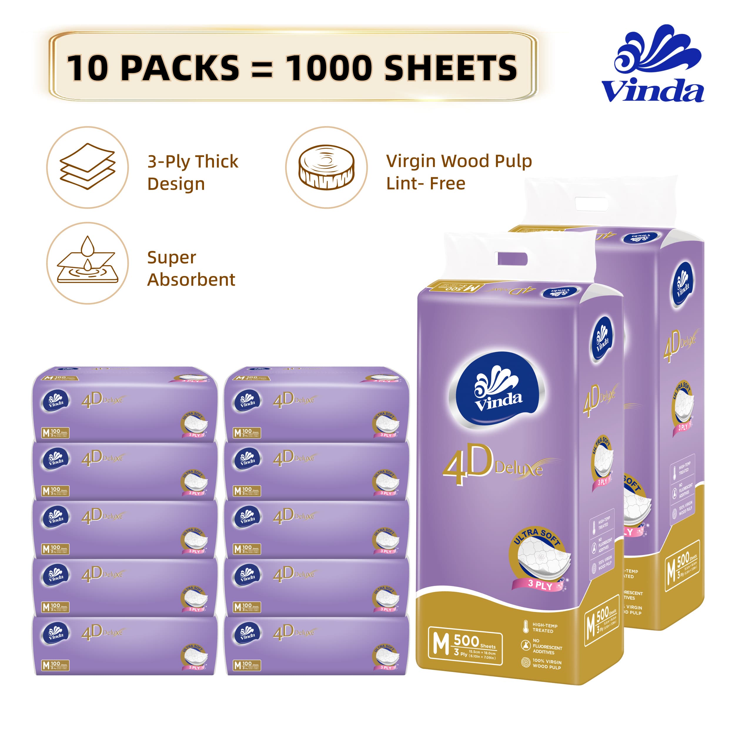 TEMU Vinda 4d Deluxe Facial Tissue (10 Packs) 3-ply Soft Disposable Tissue Paper, Wood , Unscented