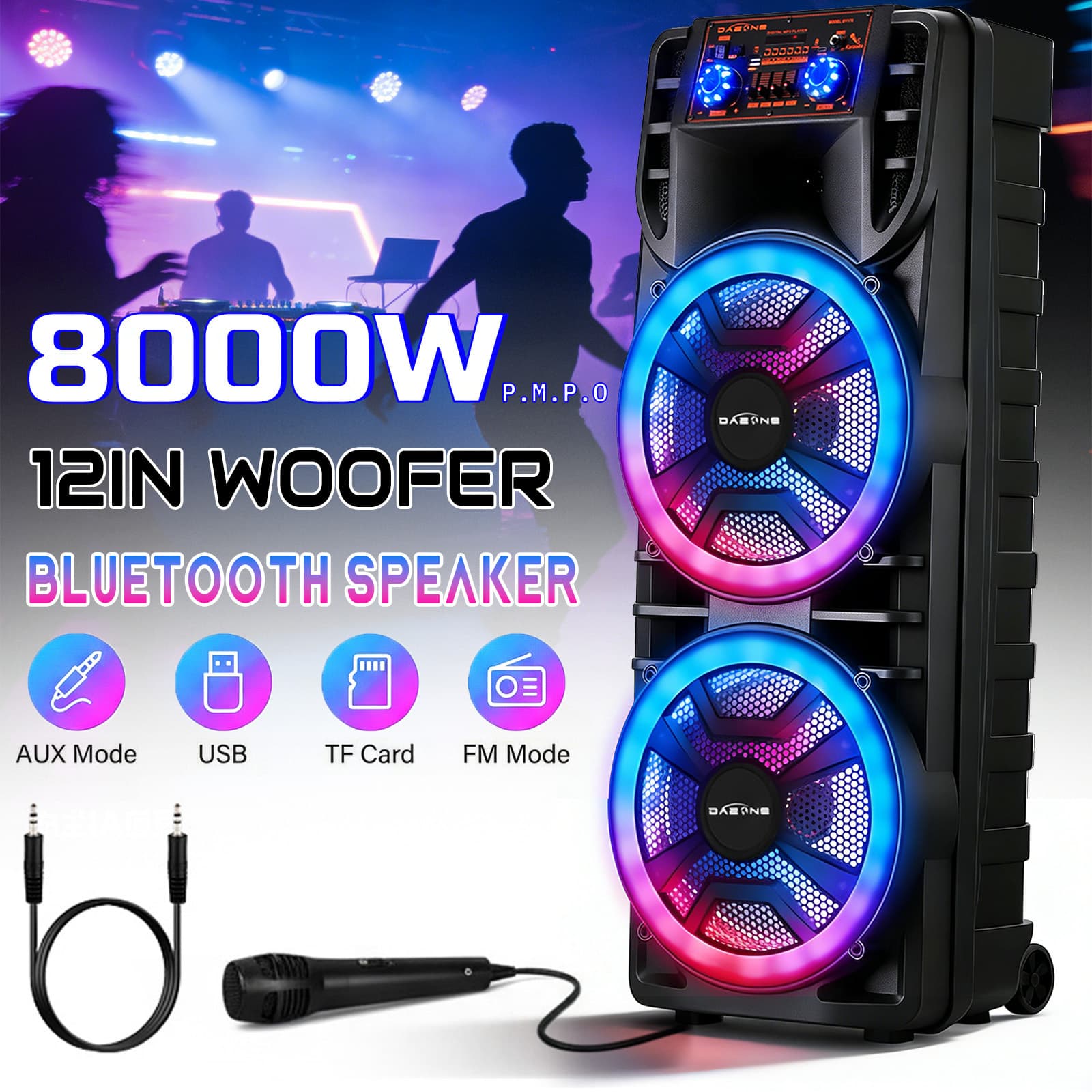 TEMU Rechargeable Bluetooth With Dual 12 Inch Woofers, Portable With Mic, Rgb Lights, Tws, Aux/usb/tf/fm,