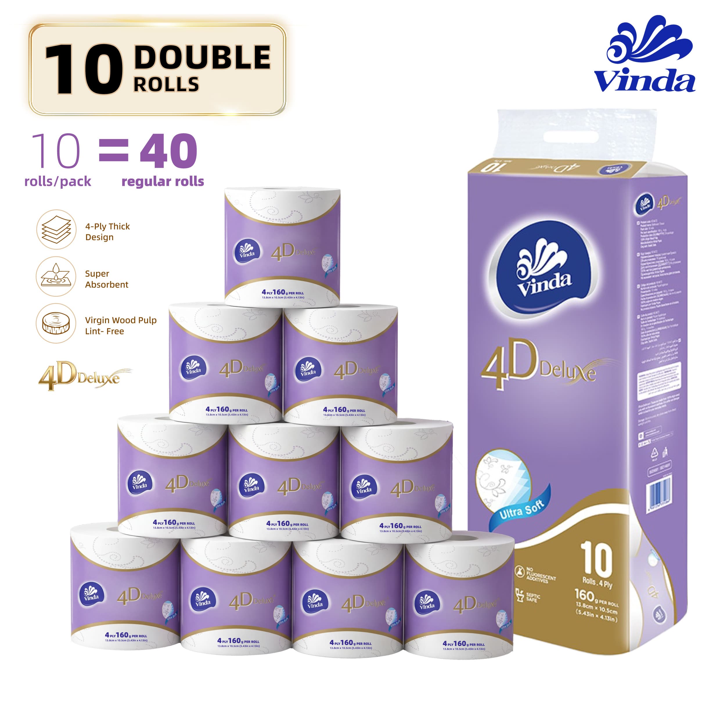 TEMU Vinda 4d Deluxe 4-ply Ultra Soft Toilet Paper, 100% Wood Toilet Paper, , No Lint Shedding, For Home Bathroom, 10