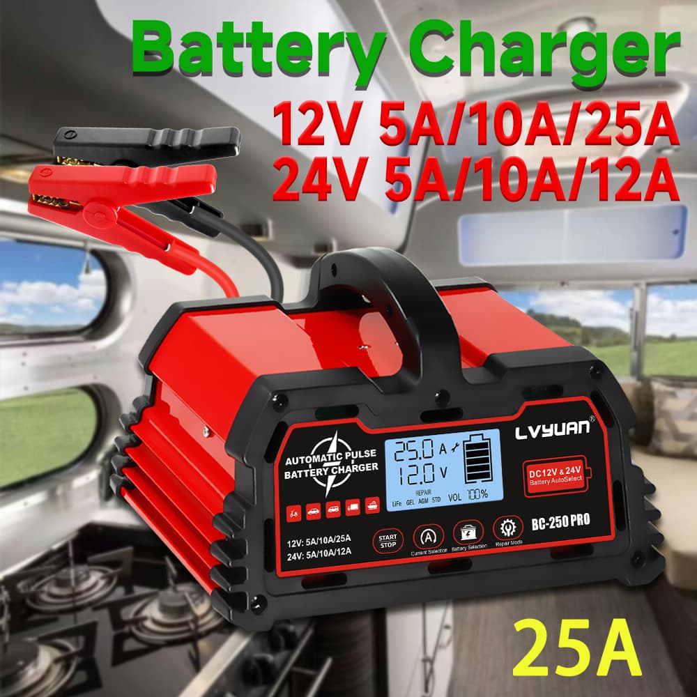 TEMU 25a Battery Charger, 12v/24v Lead Acid, 12v Lifepo4. Smart Battery Charger With Charge. Car Battery Maintainer With Lcd Display. Suitable For Trucks, Motorcycles