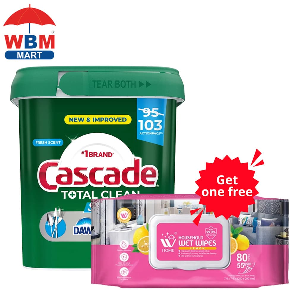 TEMU 103/92 Count, Cascade Shine Boost Dishwasher Detergent, , 9-in-1 Cleaning Action. With Wet Wipes