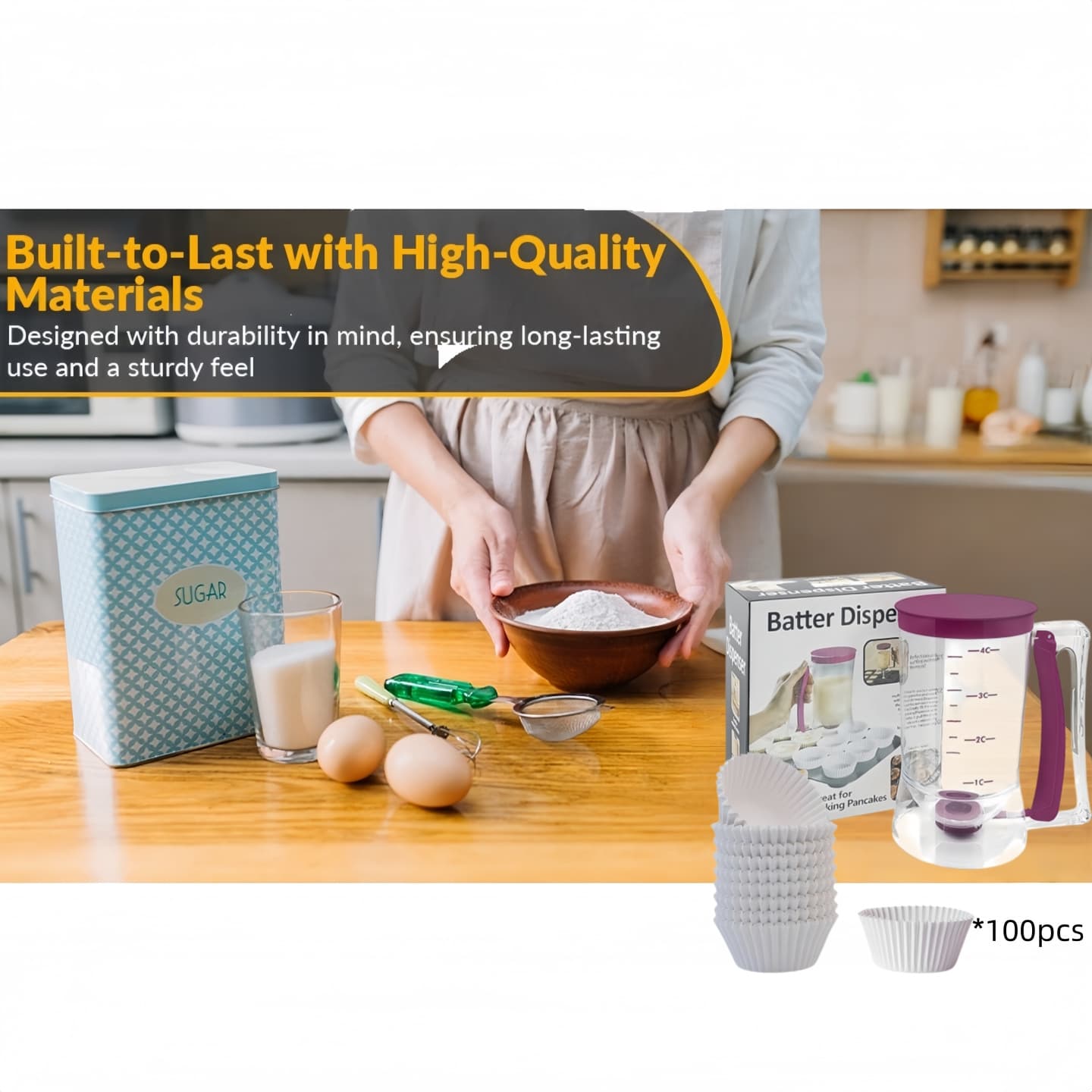 TEMU Pancake And Cupcake Batter Dispenser – A Graduated Baking Tool Perfect For Making Muffins, , Cakes, And More – An Essential Baking Tool. Includes 100 Cupcake Liners.