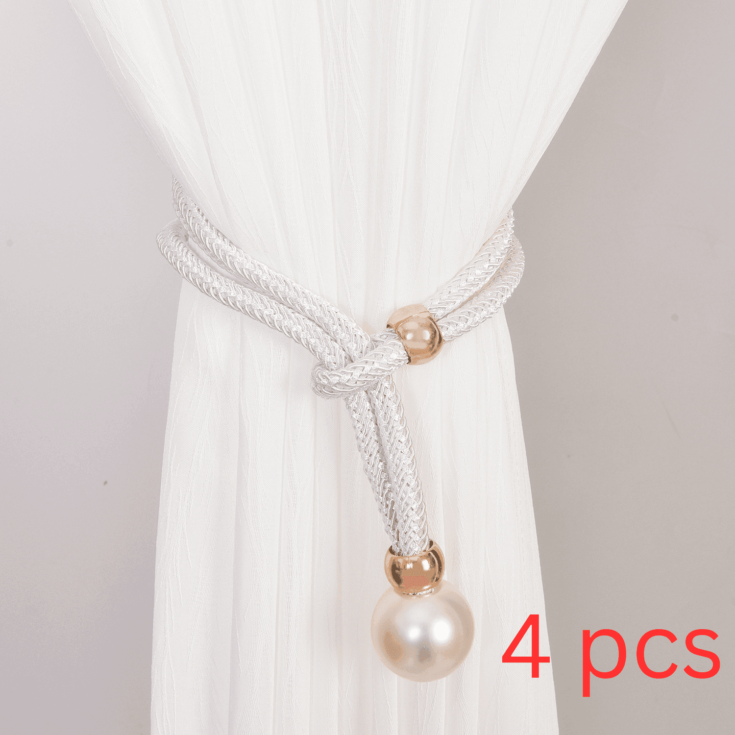 TEMU 4pcs Elegant Pearl Curtain Tiebacks - No Drilling Weave Rope Holders For Decorative Draperies, Windows, And Curtains, Stylish Pearl Design For Décor, Holdbacks, And Straps