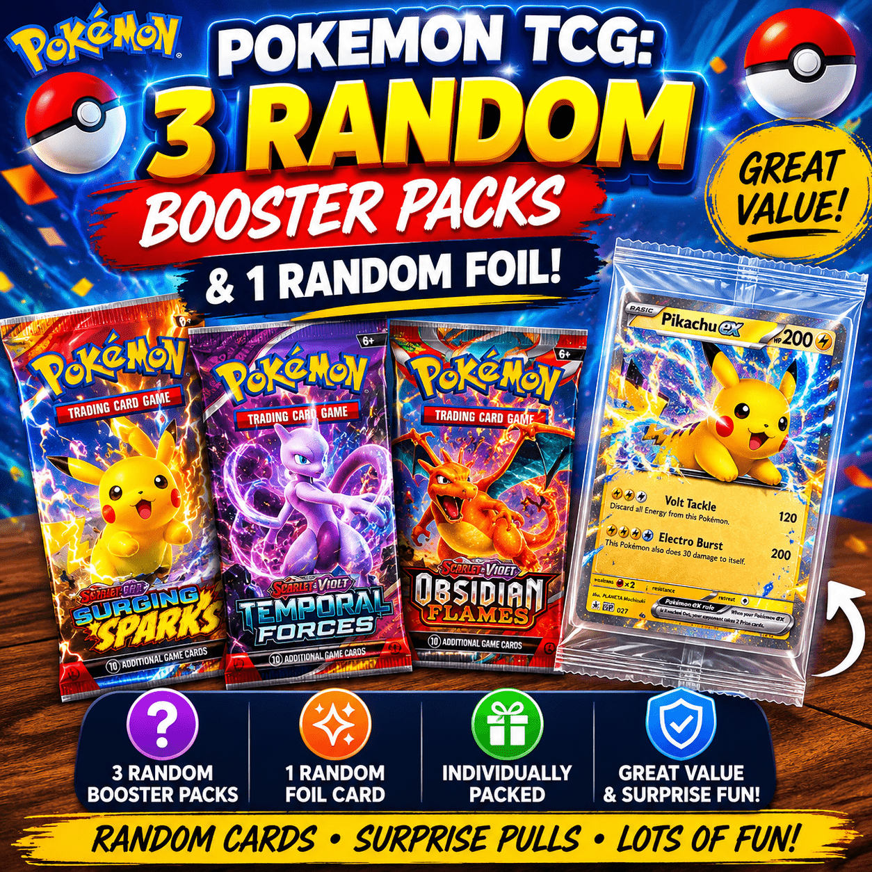 TEMU Pokémon Tcg Mystery Bundle – 3 Packs & 1 | Individually Packed Collectible Trading Card Lot For Collectors & Fans