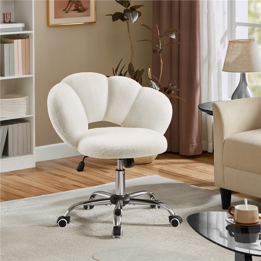 TEMU Boucle Upholstered Vanity Chair Desk Chair With Cloud-shaped Backrest, Adjustable Seat Height & Rolling Wheels For Home Office, Reading Chair For Bedroom
