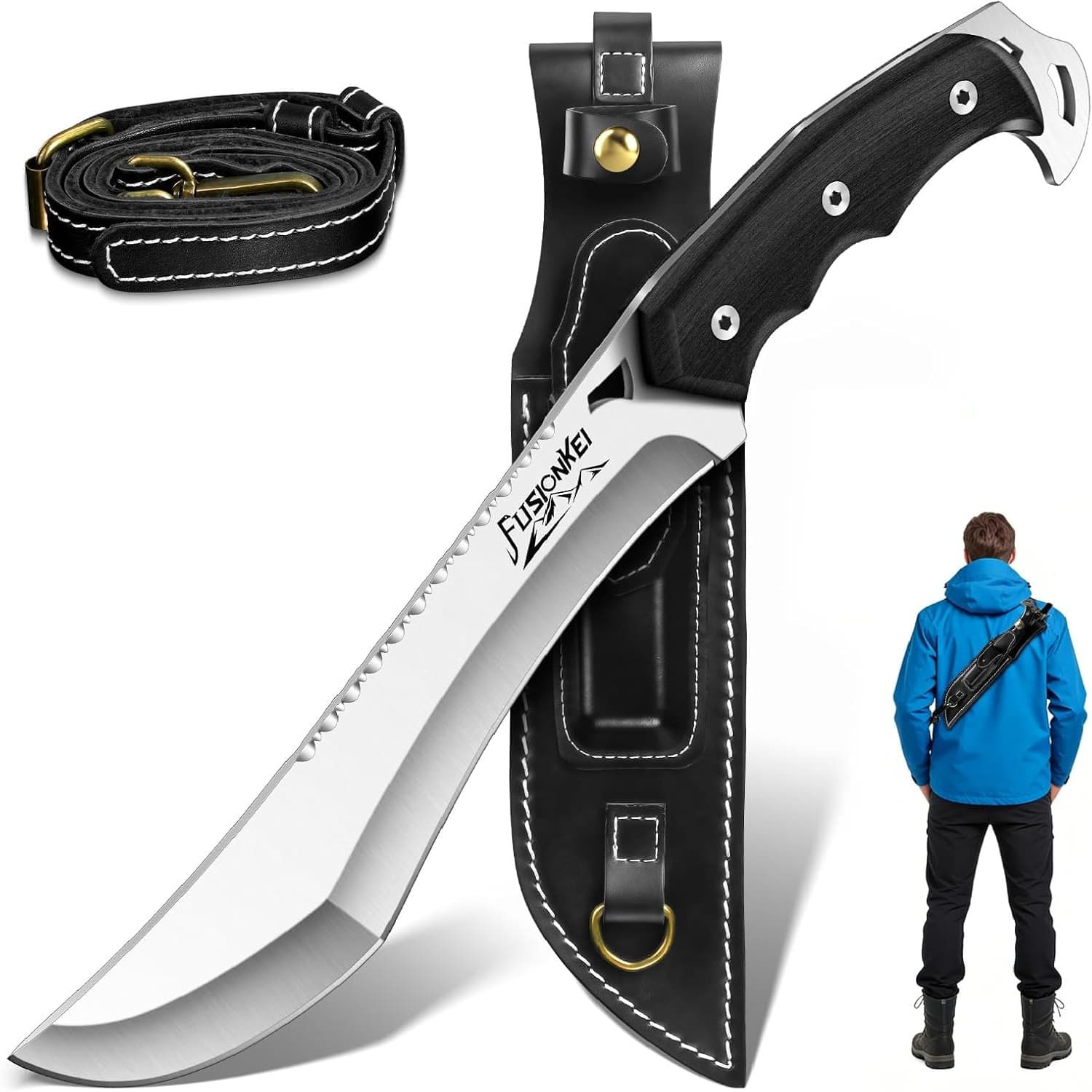 TEMU Fixed Blade Knife - Heavy Duty Outdoor Knife With Back Strap Leather Sheath, Full Tang Knives For Cutting Wood, Present Men Gifts