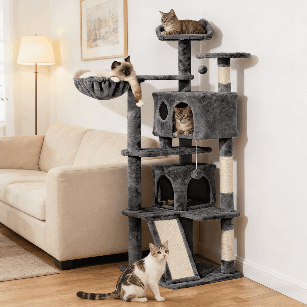 TEMU 57''h Cat Tree Perfect Condo Kitten Tree Tower W/ 2 Condos & Dangling Ball & Round Platform & Ladder Indoor Cat Tree Tower For Kittens/small Cats Christmas Gift