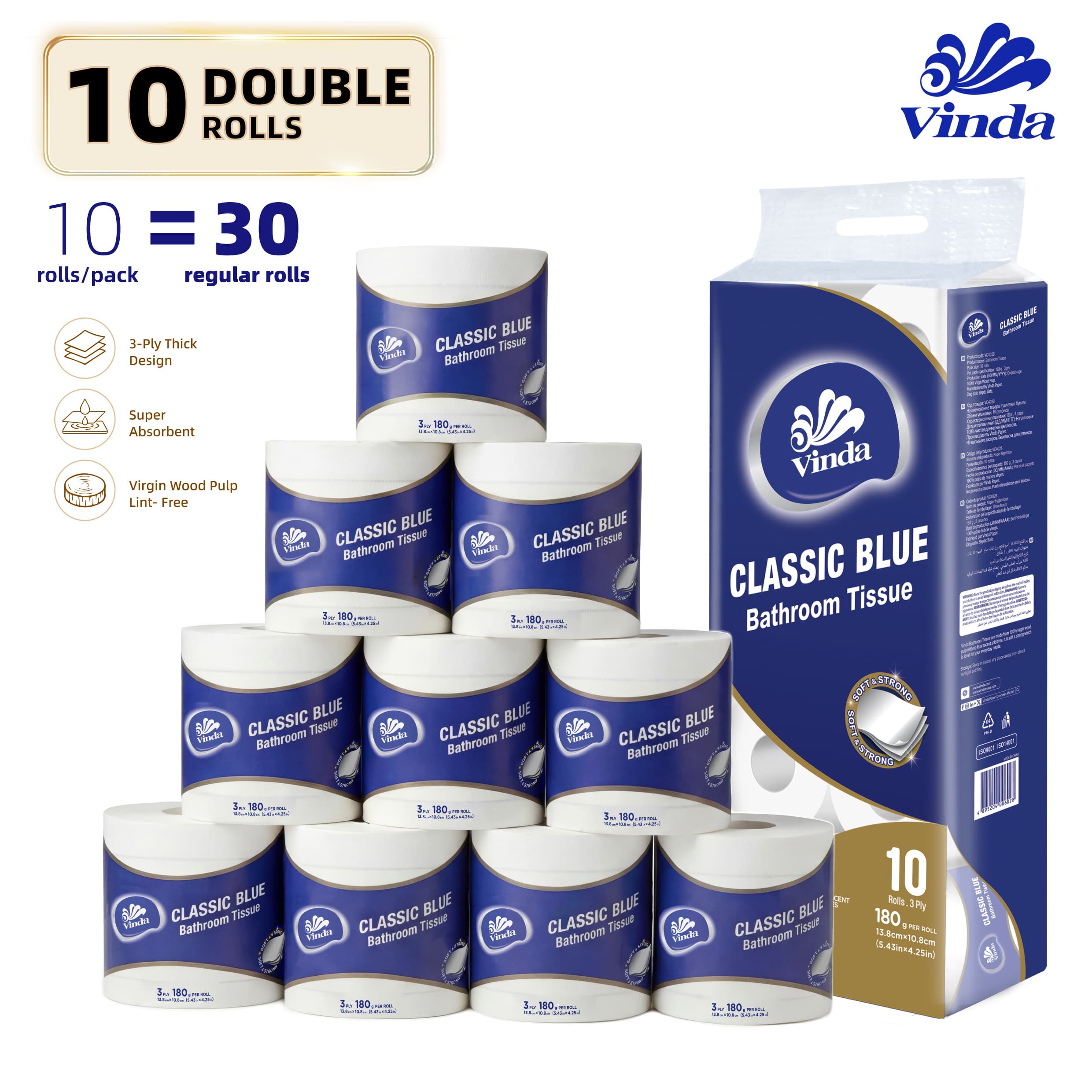 TEMU Vinda 3-ply Bathroom Tissue, 100% Wood Toilet Paper, , No Lint Shedding, , 180g/roll, 10
