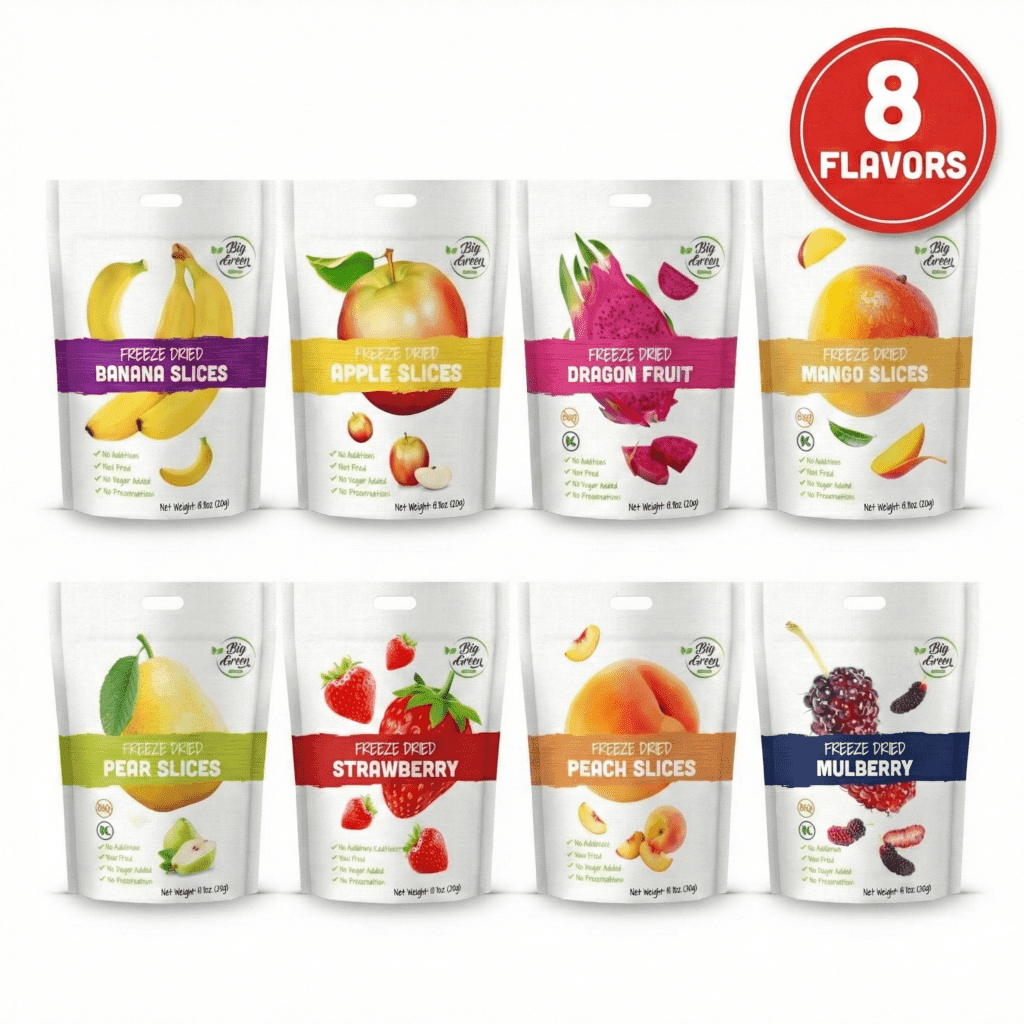 TEMU Big Green Food - Assorted Freeze Dried Fruit Slices, Banana, , Peach, Dragon Fruit, Mango, Strawberry, Mulberry, Pear, 0.7oz