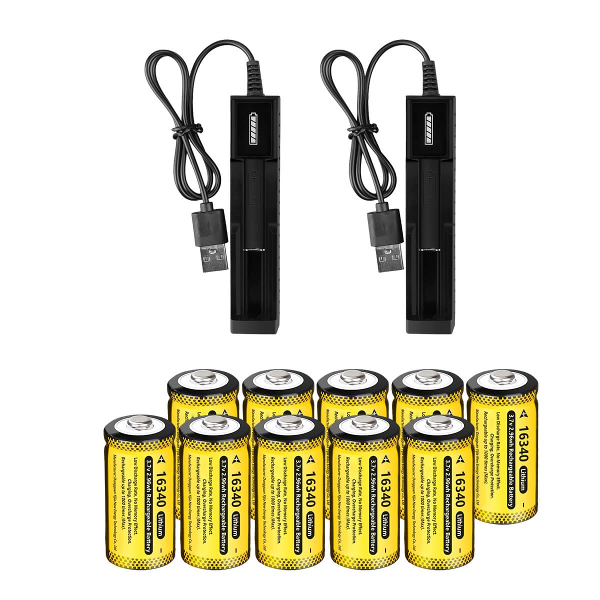 TEMU 10pcs 16340 Rechargeable Lithium Batteries With 2pc Usb Battery Charger, 2.96wh High Capacity, 3.7v Fast Charge, Suitable For Remote Controls, Microphone, Mp3 Player, And Other Device