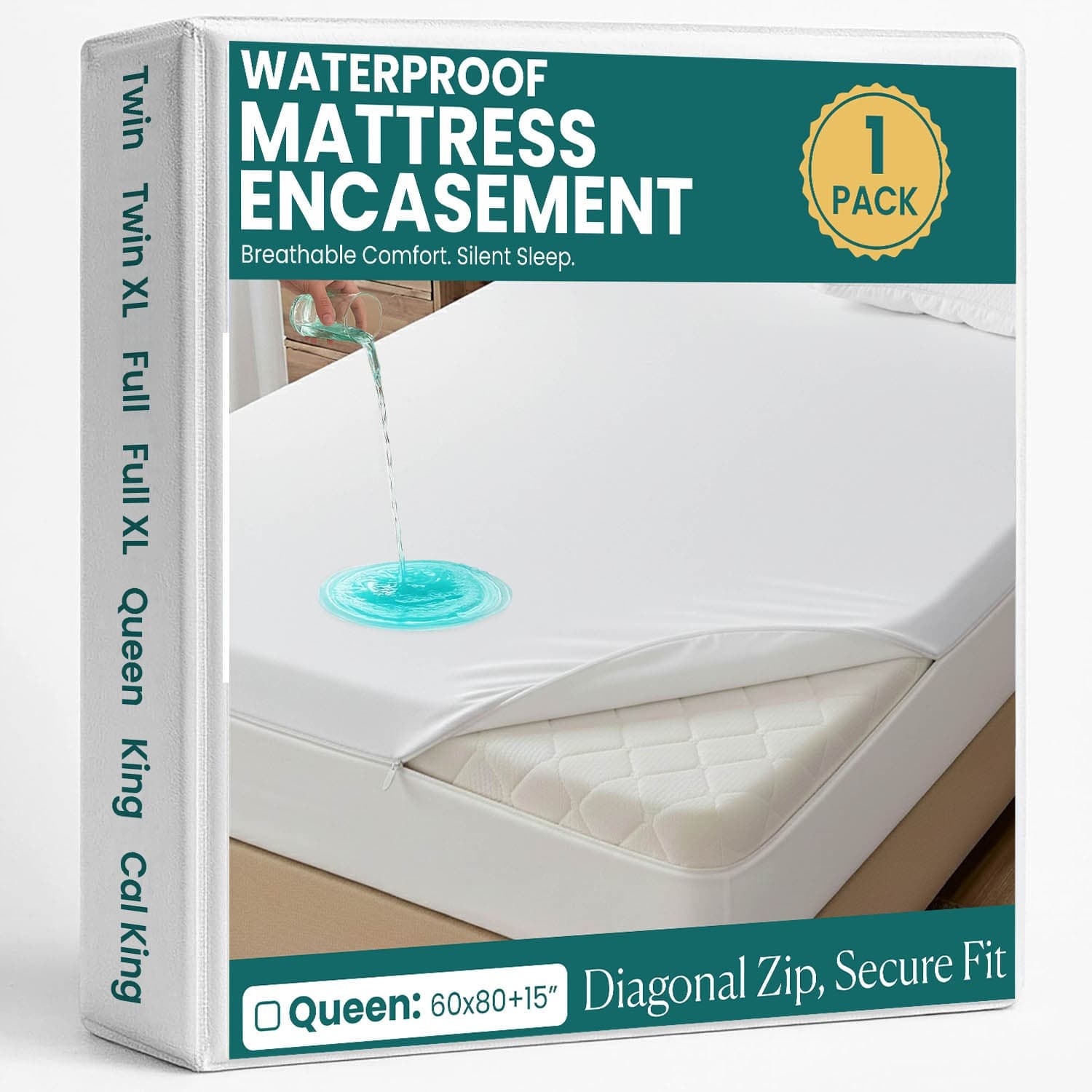 TEMU Mattress Waterproof Zippered Mattress , Breathable, Noiseless Machine-washable Zipped Mattress Cover, Absorbent Six-sided Mattress Protector Noiseless
