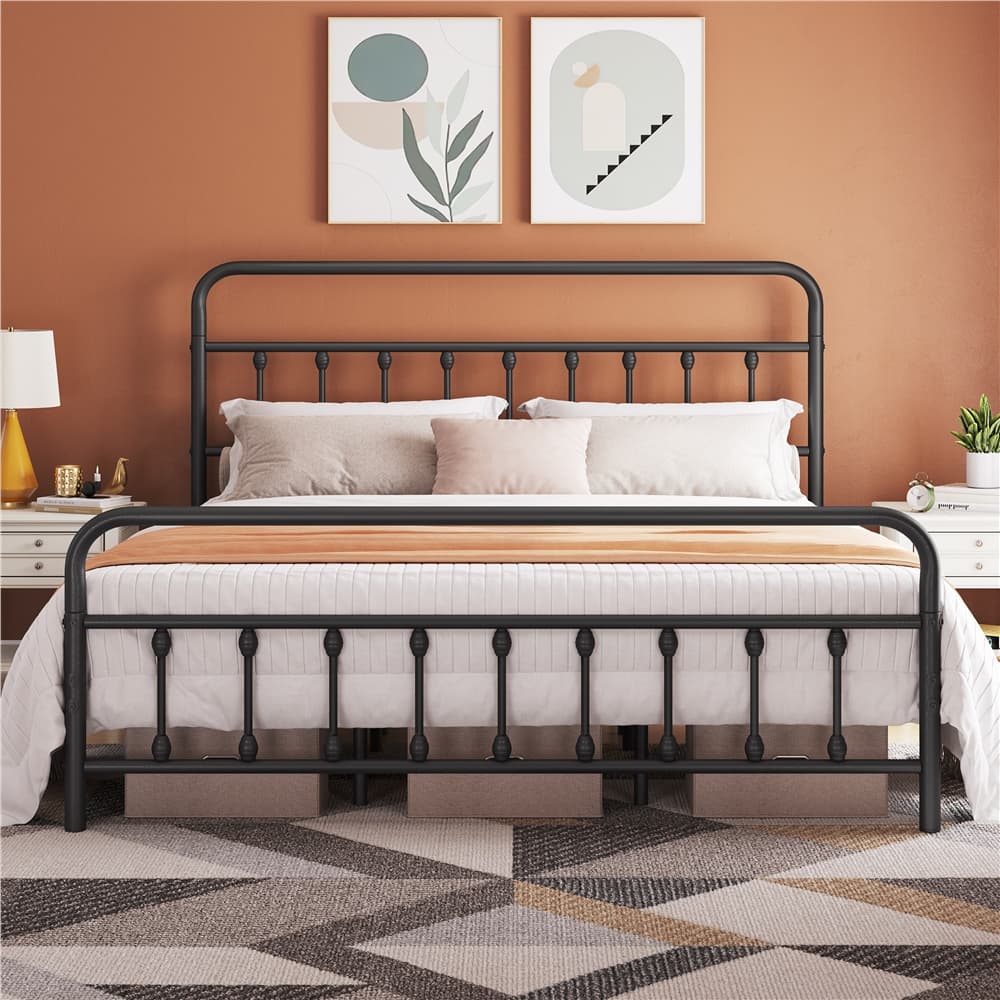 TEMU Full/queen/king Size Iron Platform Bed, Classic Bed Frame With High Headboard & Footboard, Sturdy Metal Frame, Storage Option & Vintage Finish, Mattress Foundation, Bedroom Furniture