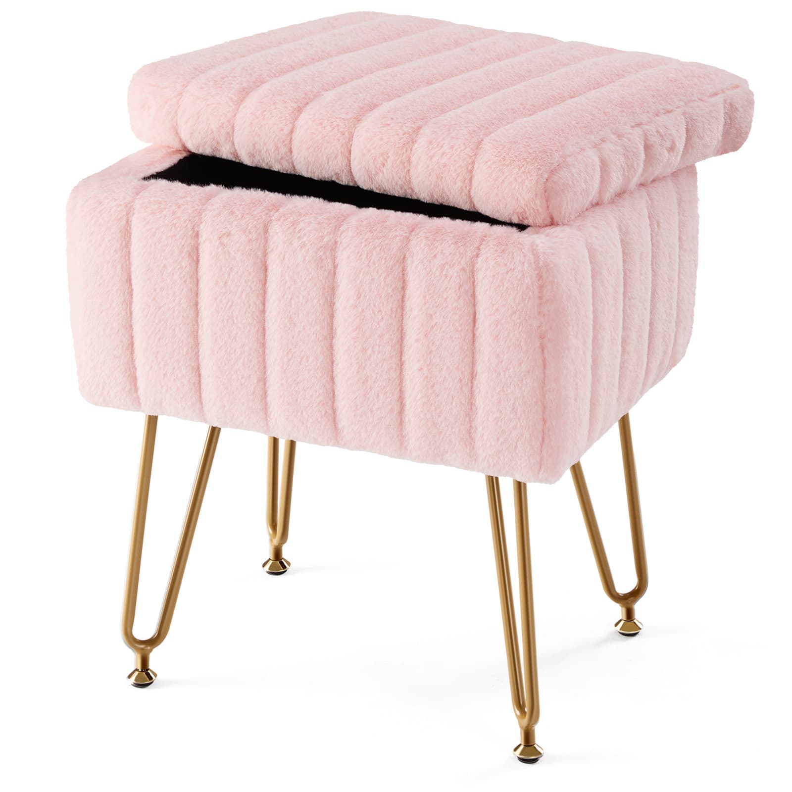 TEMU Vanity Stool Chair With Storage, Ottoman Chair Faux Fur Soft Padded Makeup Footstools Seat With 4 Metal Legs Anti-slip Adjustable Feet For Make Up