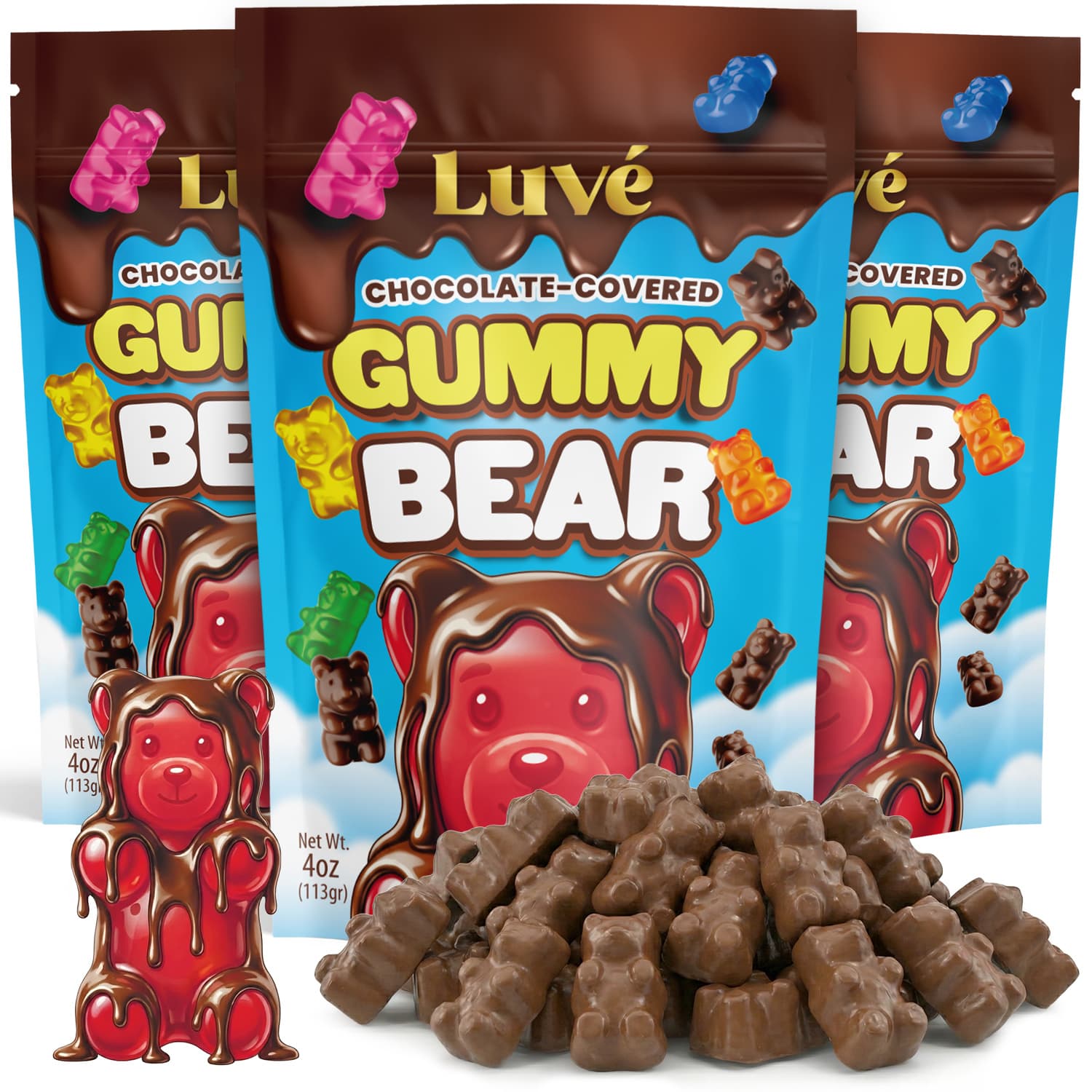TEMU Chocolate Covered Gummy Bears, 3 Packs Of Milk Chocolate Gummy Bears 4oz Bags Each, Sweet Bear Chocolates With Perfect Texture In Every Bite, For Kids And Adults