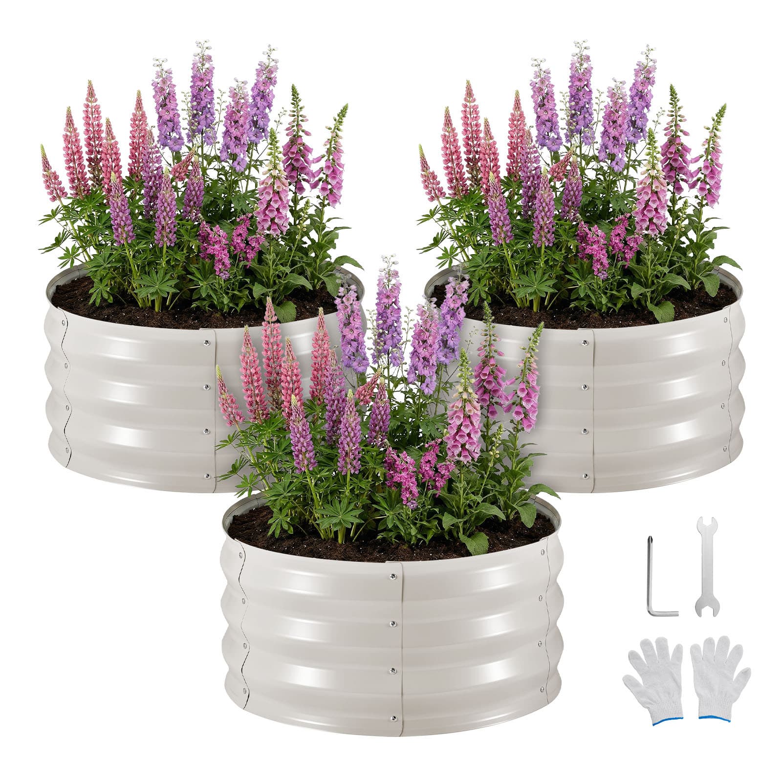 TEMU Vevor 3 Pcs Galvanized Raised Garden Beds, X 1 Ft, Round Metal Planter Boxes Kit Outdoor, Bottomless Elevated Garden Boxes With Gloves, Alu-, For Planting Flowers Vegetables Herbs, Beige