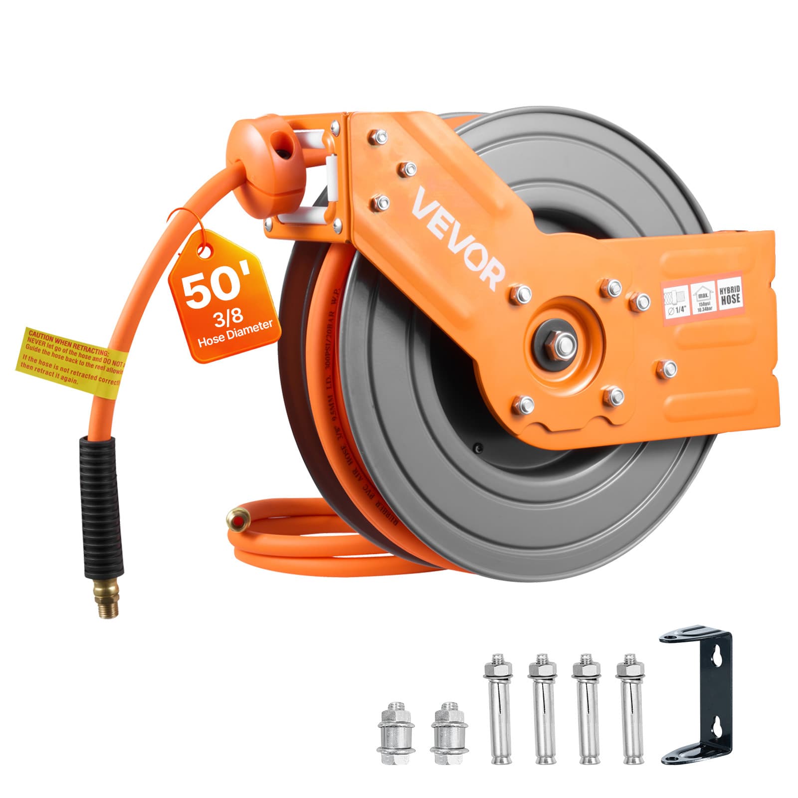 TEMU Vevor Retractable Air Hose Reel, 3/8 Inch X 50 Ft Hose Max 300psi, Auto Air-compressor Hoses Reel With 5 Ft Lead In, 180° Swivel Ceiling/wall Mount For Garage