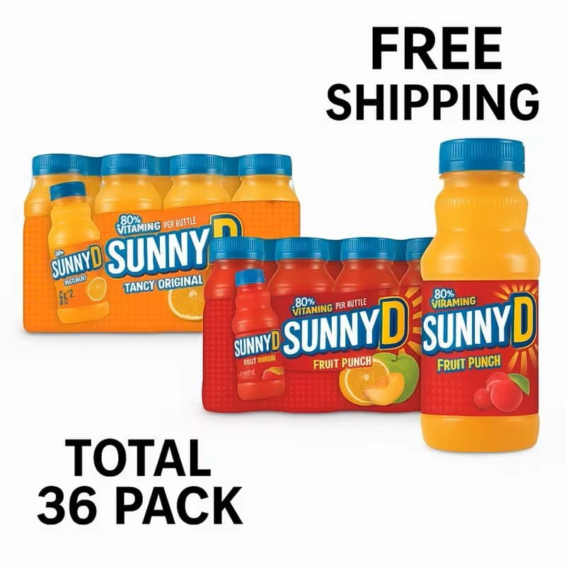 TEMU 2 Pack Sunnyd Variety Pack – Tangy Original & Fruit Punch Juice (6.75 Fl Oz Bottles, 18 Of Each Flavor, Total 36 Pack) – 80% Daily Vitamin C, Free Shipping
