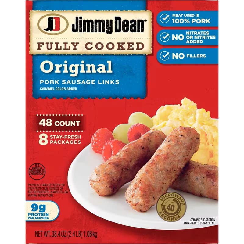 TEMU Jimmy Dean Fully Cooked Original Pork Sausage Links – 48 Count | Savory Breakfast Sausage, Ready-to-heat, Family Value Pack