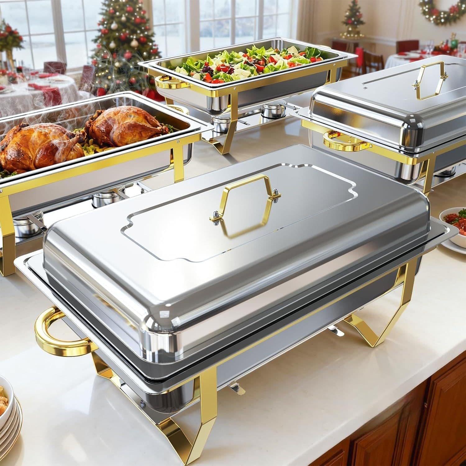 TEMU Gold Chafing Dishes For Buffet 2/4 Pack, 9qt Stainless Steel Round Chafers And Buffet Warmers Sets With Glass Lid & Lid Holder, Stackable Design, For Catering Events, Parties, Weddings- Cooking
