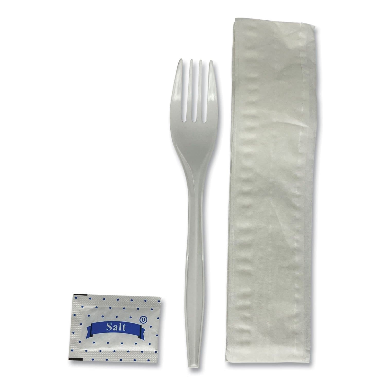 TEMU 500 Sets Per Carton, Boardwalk Individually Wrapped Three-piece White Disposable Plastic Utensil Set, Fork/napkin/salt In Set, 7.1"l Utensils, Sold Carton