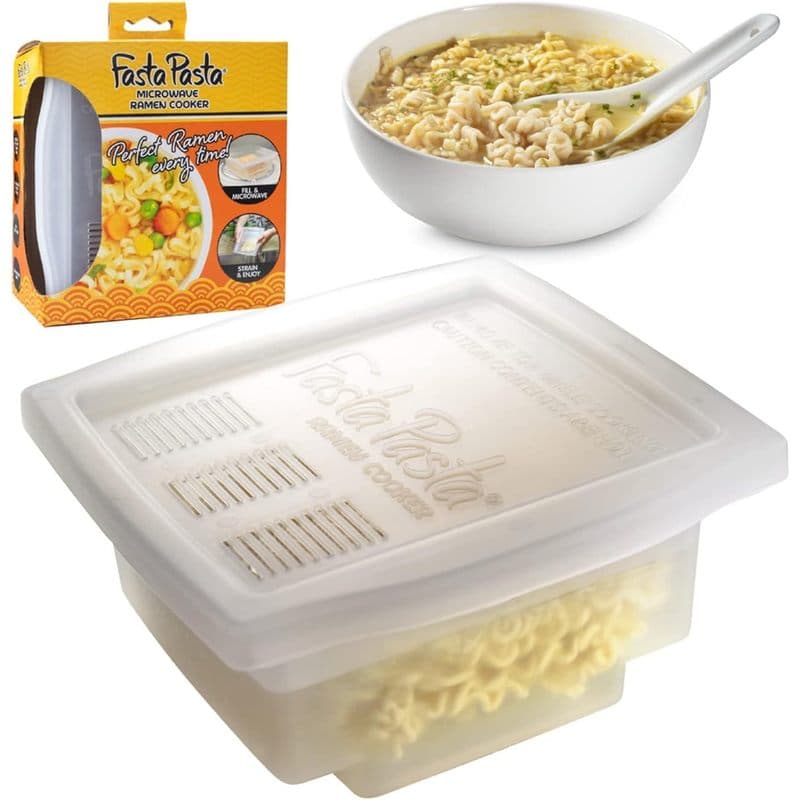 TEMU Microwave Ramen Cooker W Lid And Built-in Strainer- Messes, Waiting For Water To Boil, Or Sticky Noodles