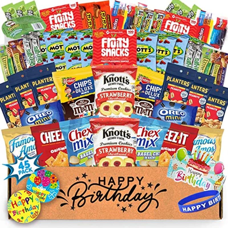 TEMU Birthday Gift Basket Care Package (45 Count) Snacks Food Chips Candy Party Variety Gift Box Pack Assortment Basket Bundle Mix Bulk Sampler