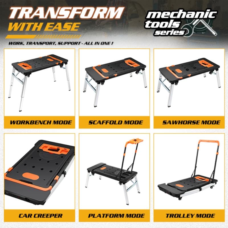 TEMU 7 In 1 Folding Heavy Duty Workbench As Work Bench, Car Creeper, Saw Horses, Dolly, , Hand Truck, Platform For Warehouse Garage, W/ 4 Wheels,