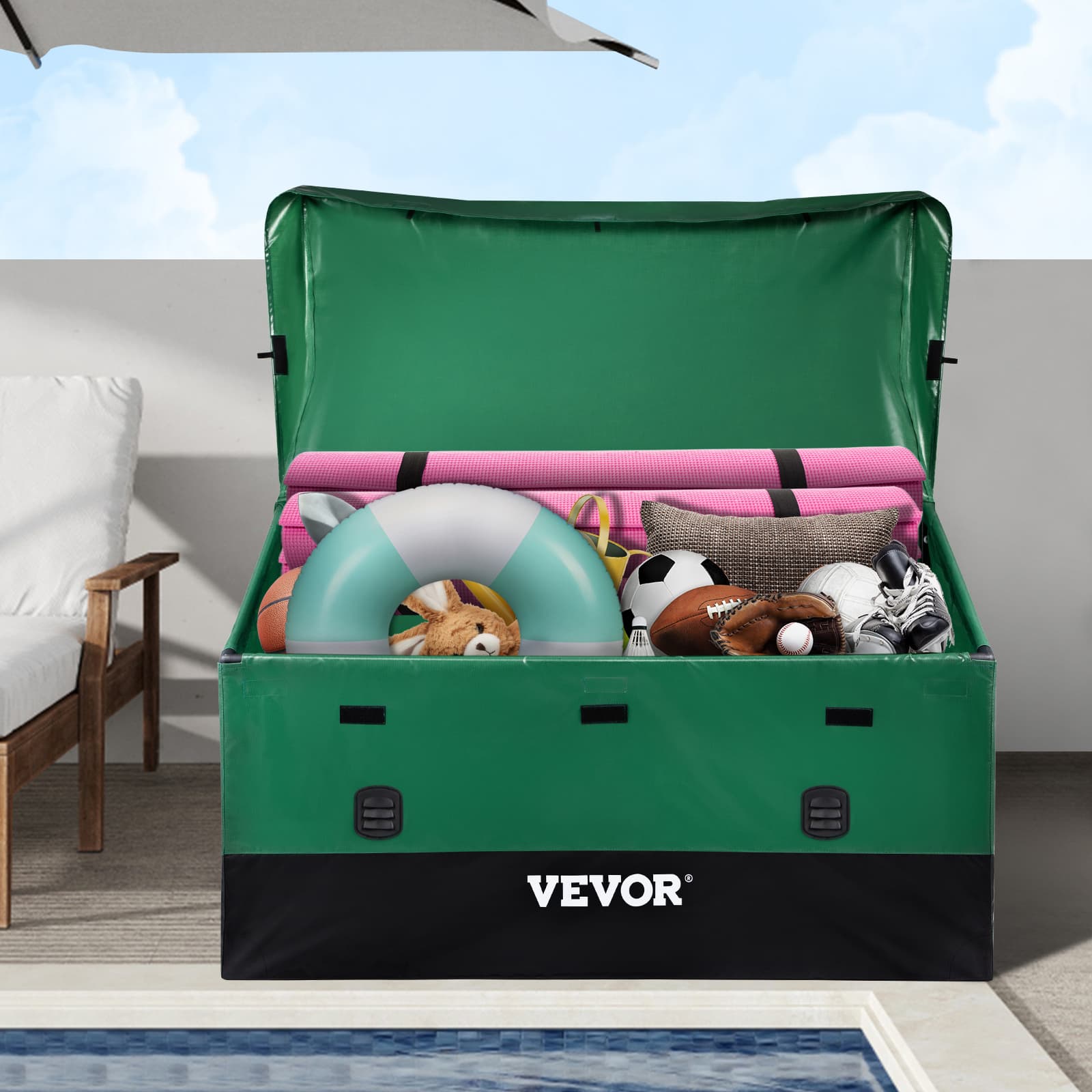 TEMU Vevor Outdoor Storage Box, 150 Gallon / 230 Gallon Waterproof Pe Tarpaulin Deck Box W/ Galvanized Frame, Protection & Portable, For Camping, Garden, Poolside, And Yard
