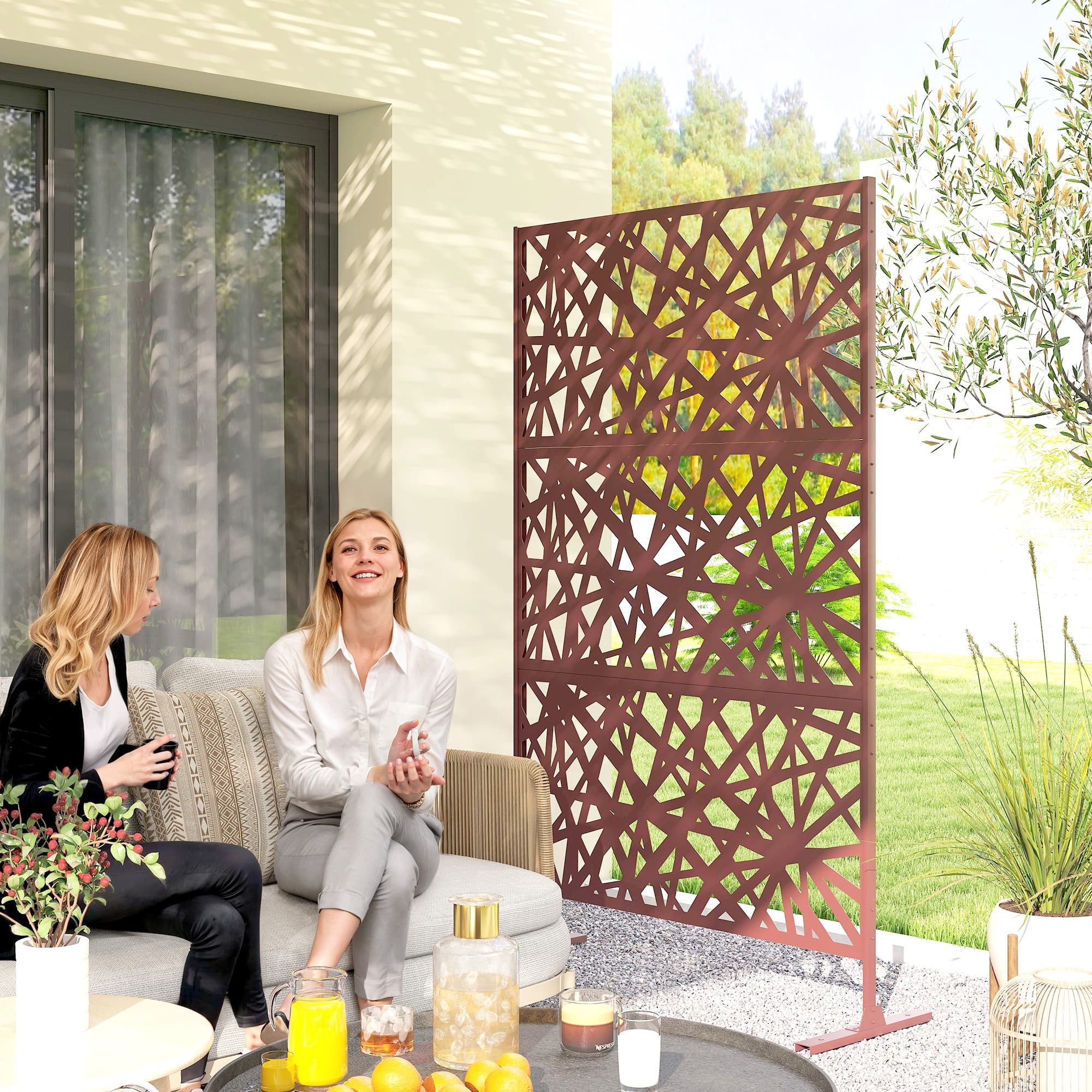 TEMU Outsunny Metal Outdoor Privacy Screen, 78" X 48" Freestanding Outdoor Divider With Stand, Decorative Privacy Panel With Labyrinth Cut-out Design For Garden Patio, Dark Brown