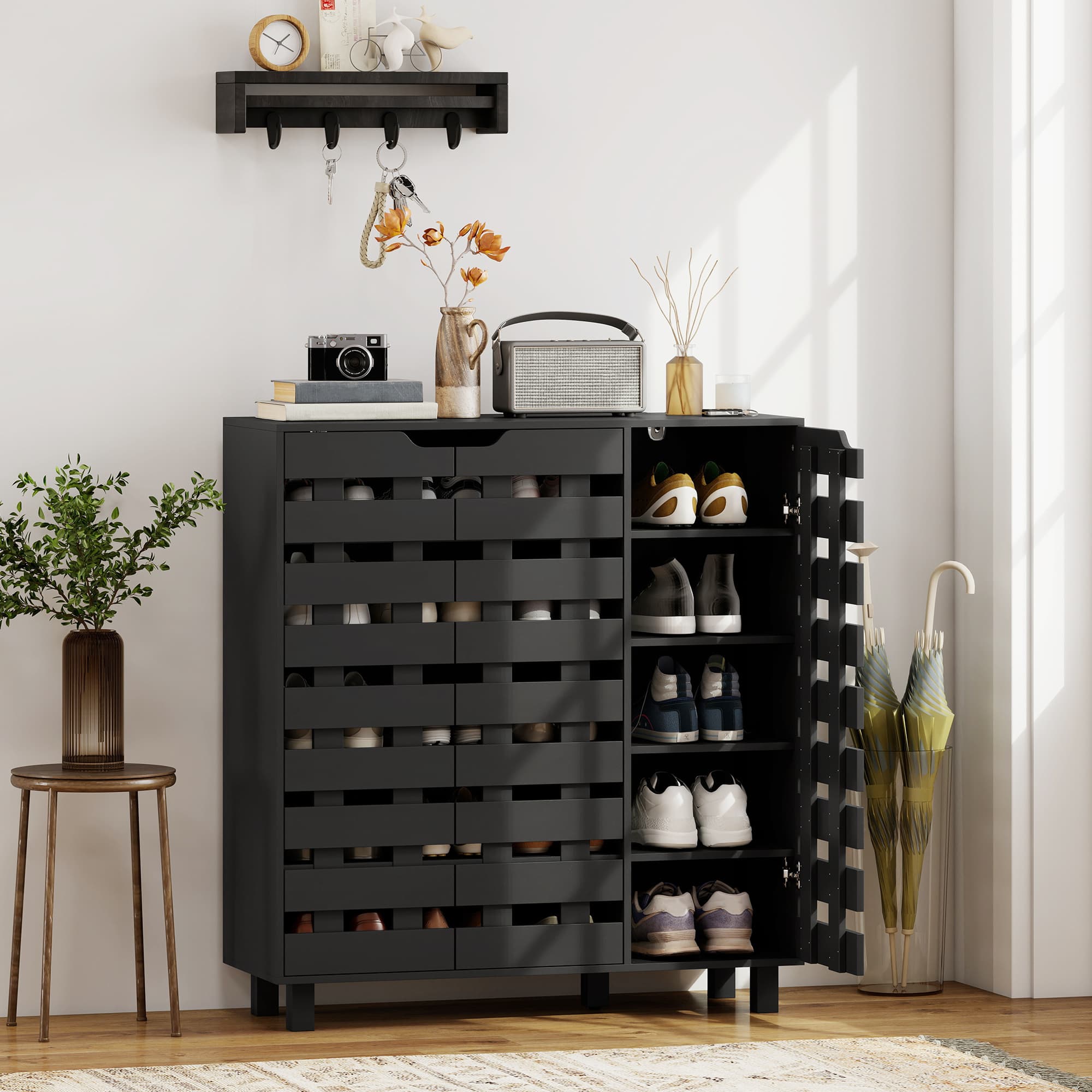 TEMU Homcom Modern Shoe Cabinet With Hollowed-out Doors, 20 Pair Shoe Storage Cabinet For Entryway, Hallway, Living Room, Black