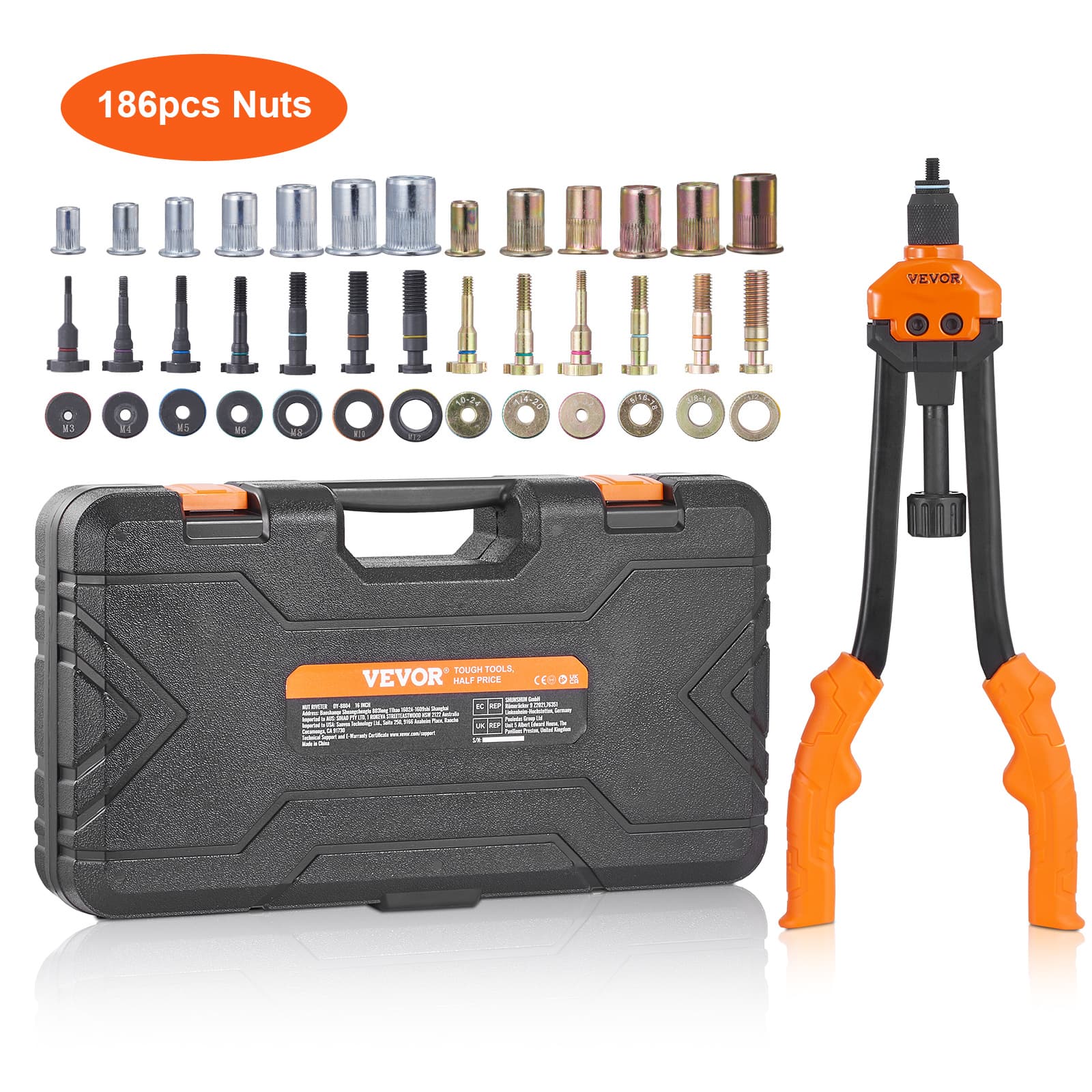TEMU Vevor Rivet Nut Tool, 16" Rivnut Tool Kit With 13pcs Metric And Sae Mandrels, 186pcs Rivet Nuts, M3, M4, 10-24, M5, M6, 1/4, 8-32, 5/16-18, M8, 3/8-16, M10, M12, 1/2-13, With Carrying Case