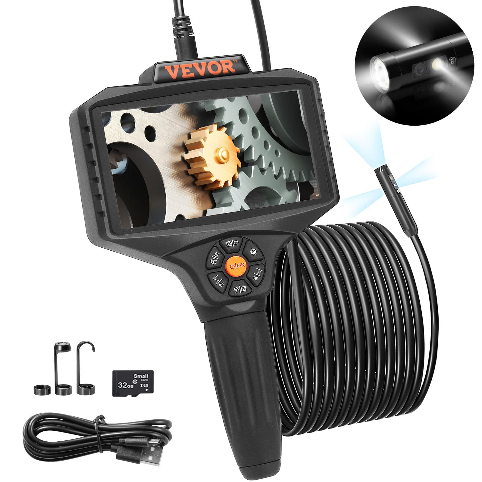 TEMU Vevor Industrial Endoscope, 5" Ips Screen Borescope Inspection Camera With Lights, , 8x Zoom, Ip67 Waterproof Drain Camera For Auto, Plumbing (16.5ft Cable, 32gb Card)