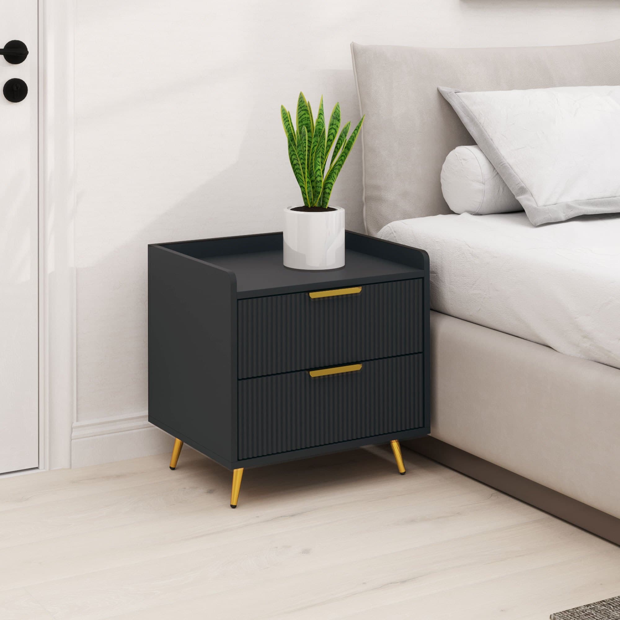 TEMU Homcom Bedside Table, Modern Nightstand With 2 Fluted Drawers, Side End Table With Gold Metal Legs For Bedroom, Black