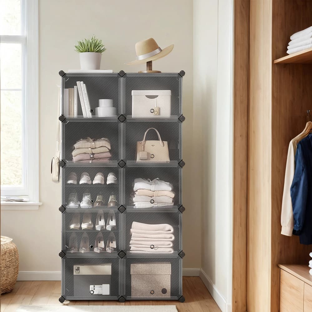 TEMU Interlocking Shoe Rack, Plastic Shoe Storage Cabinet, 10-slot Modular Storage Organizer Unit, 11.8 X 15.7 X 11.8 Inches For Each Slot, With Doors, , Plastic Panel, Black