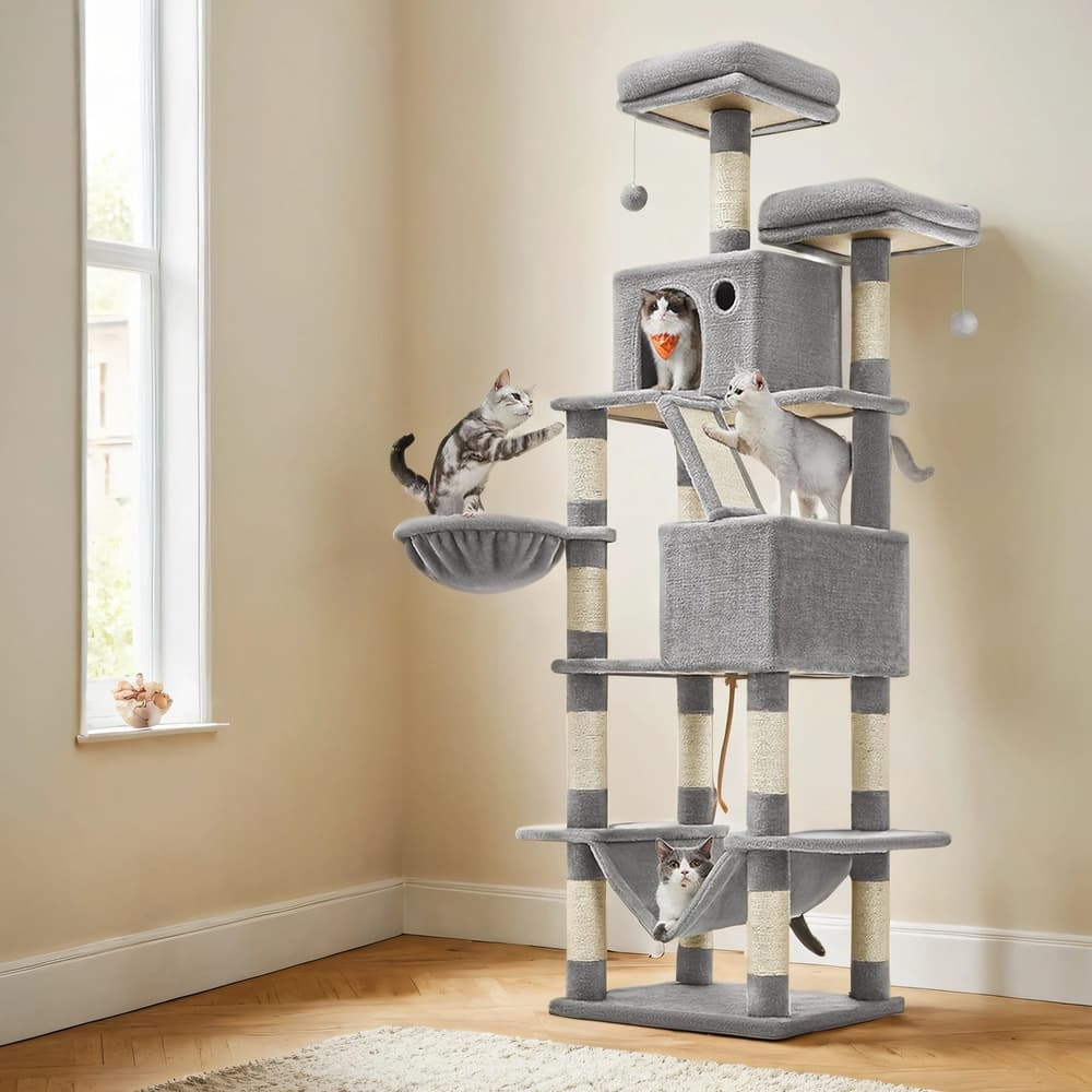 TEMU Cat Tree, 81.1-inch Large Cat Tower With 13 Scratching Posts, 2 Perches, 2 Caves, Basket, Hammock, Pompoms, Multi-level Plush Cat Condo For Indoor Cats