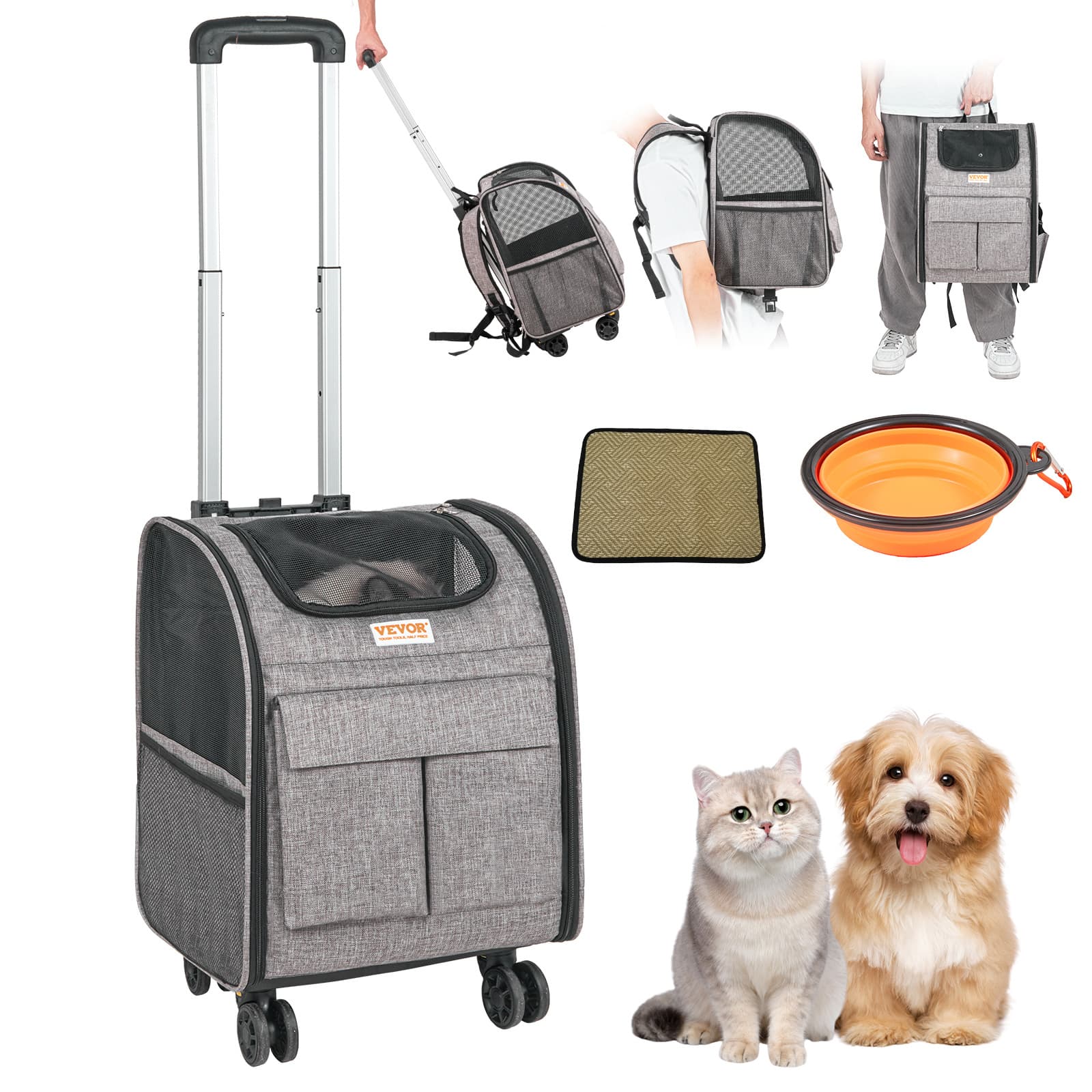 TEMU Vevor Cat Carrier With Wheels, Carrier With Telescopic Handle And Shoulder Strap, Dog Carrier With Wheels For Pets Lbs, With 1 Folding Bowl, Grey