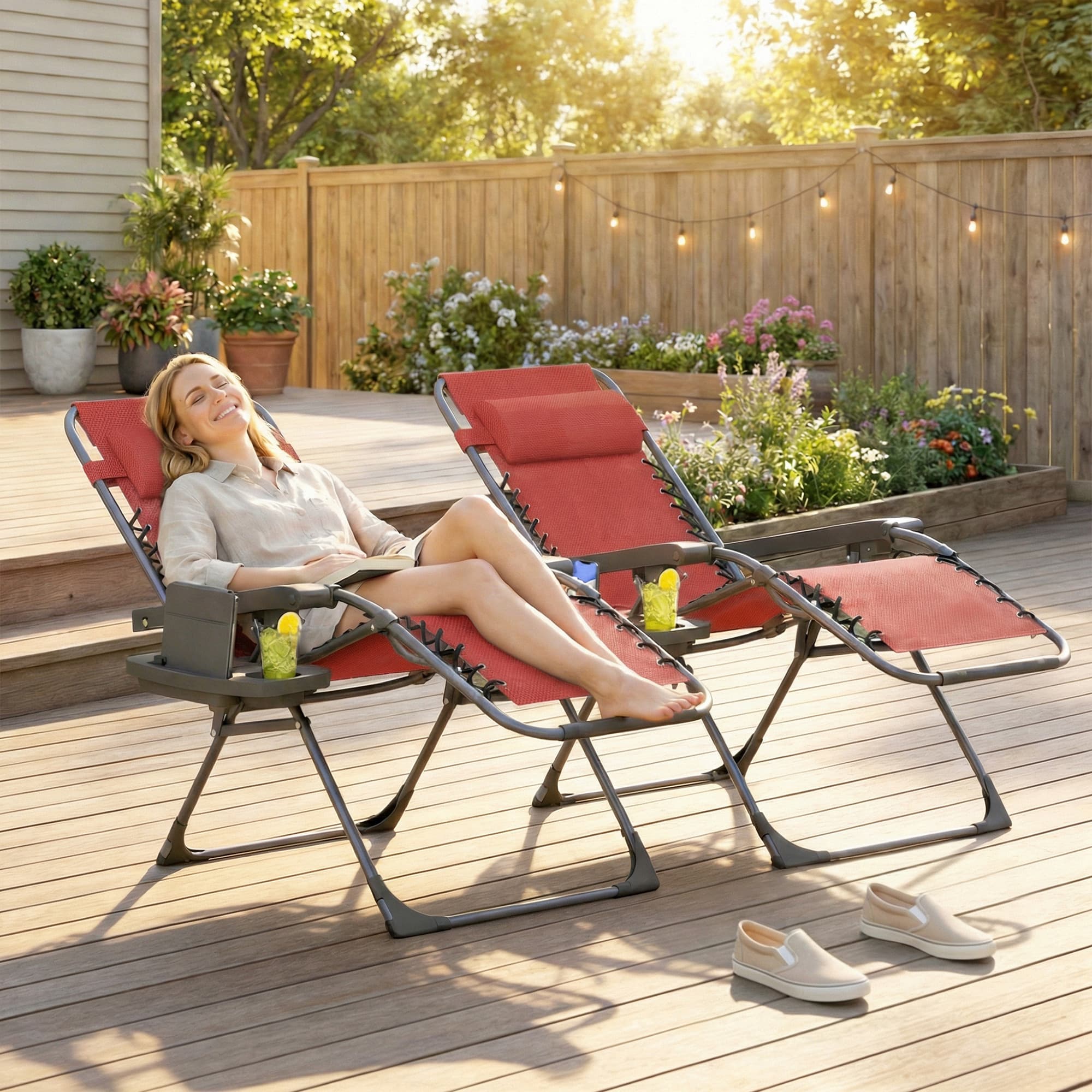 TEMU 0 Gravity Chair Set Of 2, Adjustable Reclining Outdoor Lounge Chair With Cup Holder, Folding Recliner Patio Chairs With Headrest For Patio, Pool, Camping, Wine Red