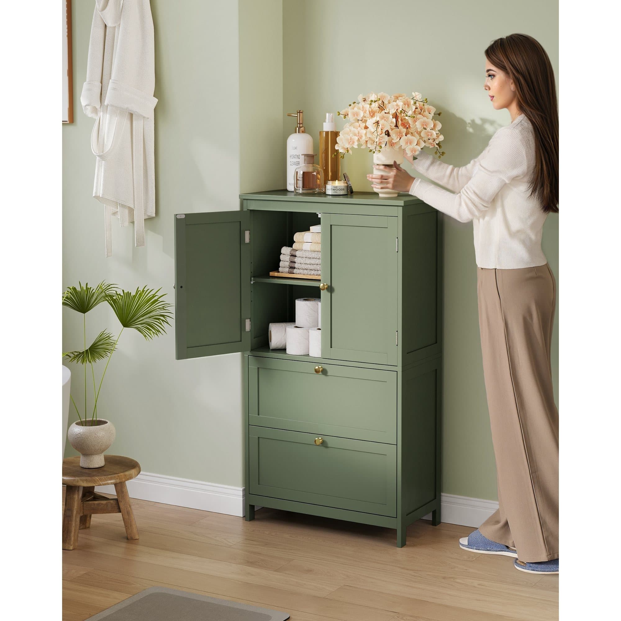 TEMU Bathroom Floor Storage Cabinet, Bathroom Storage Unit, Freestanding Cabinet With 2 Drawers And 2 Doors, Adjustable Shelf, 11.8 .6 .3 Inches, Forest Green