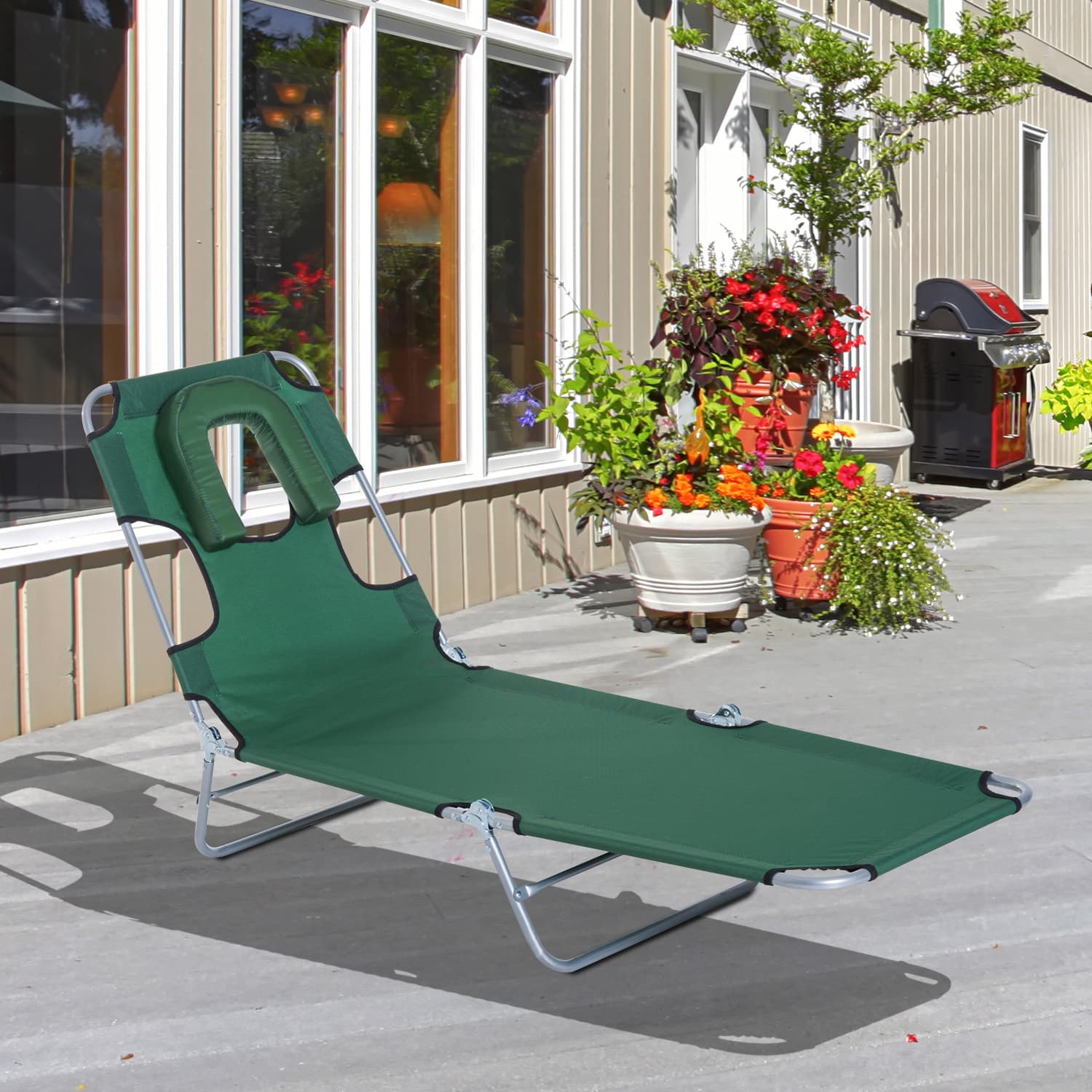 TEMU Outdoor Lounge Chair, Adjustable Folding Chaise Lounge With Face Cavity, Tanning Chair Sun Lounger Bed Recliner, Red