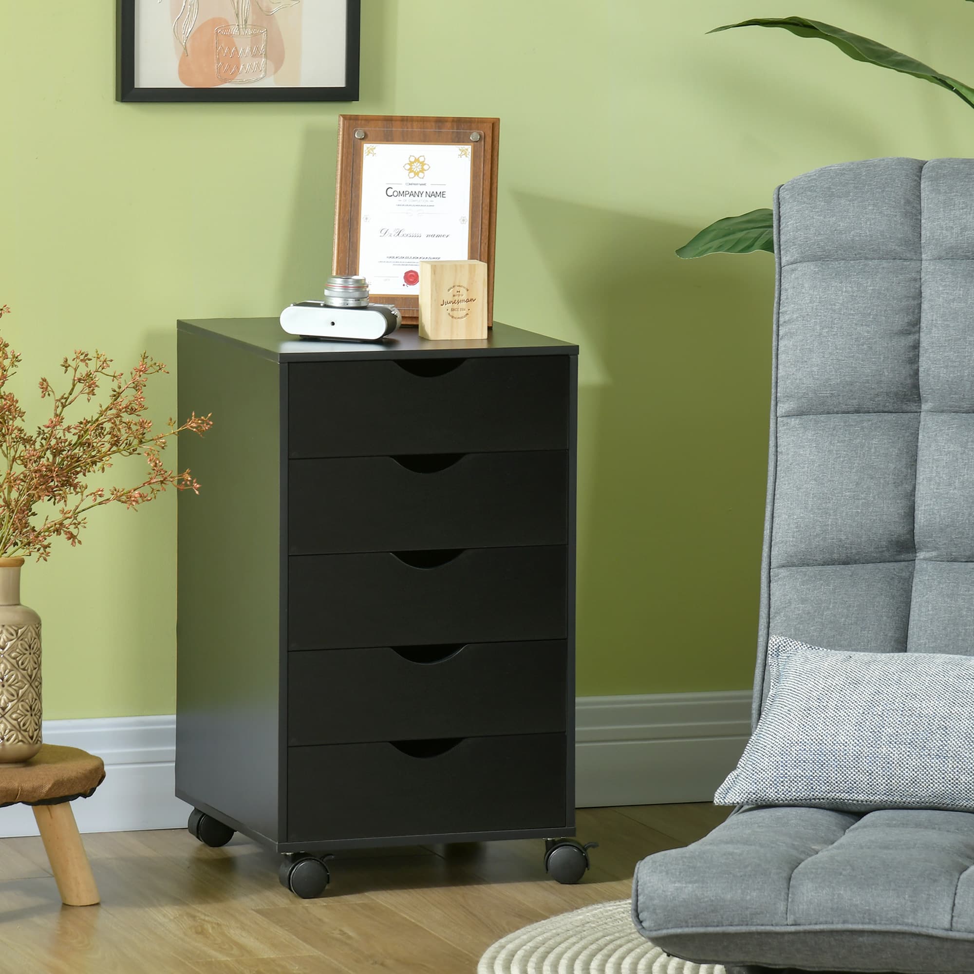 TEMU File Cabinet With 5 Drawer Wheels Storage Organizer Black