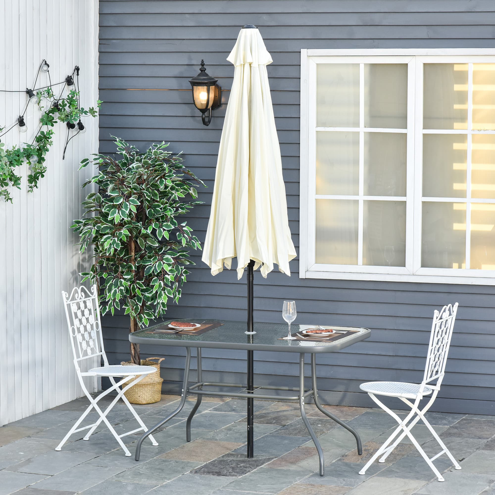 TEMU Metal Garden Dining Table With Umbrella Hole, Outdoor Patio Table With Tempered Glass Top, 47.25" X ", Portable Contemporary Design, Durable Metal Frame, Easy To Assemble