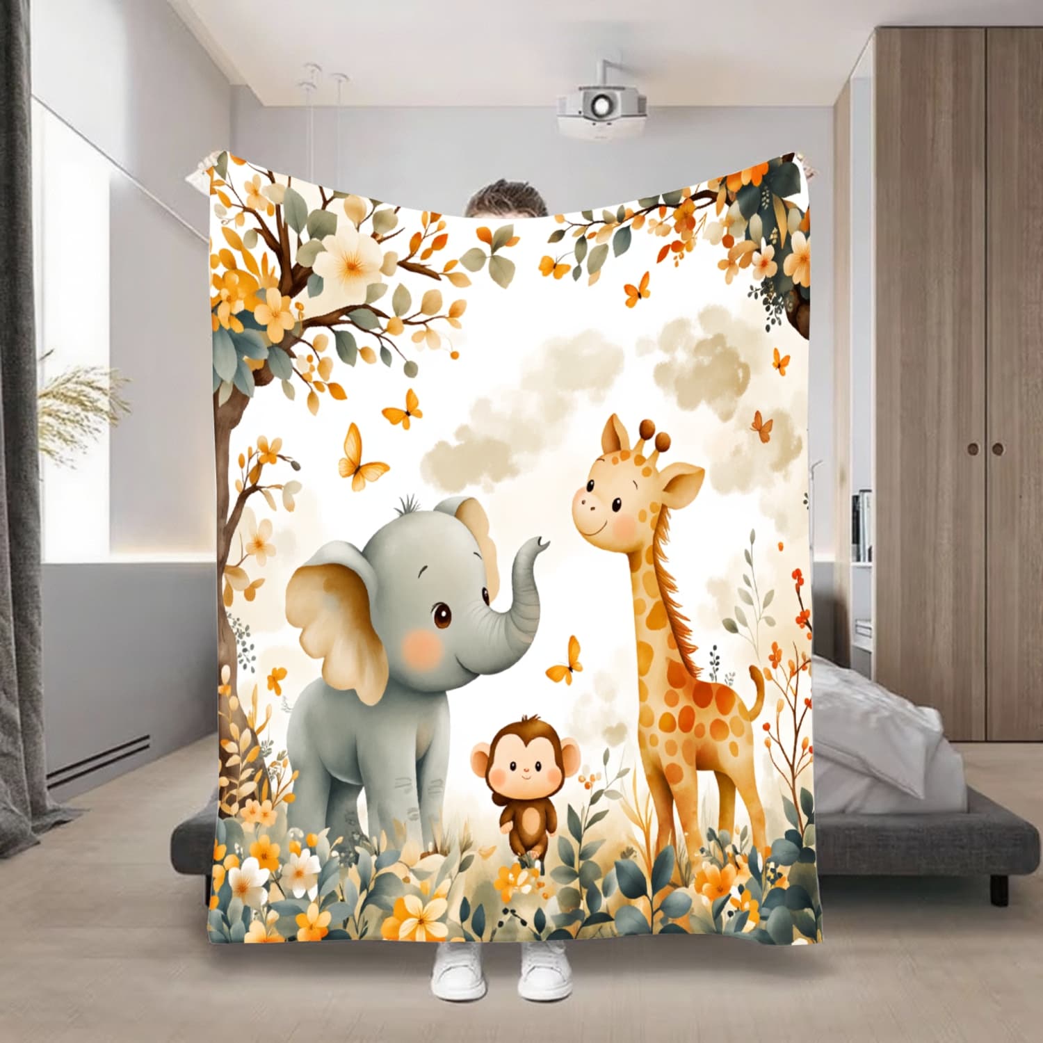 TEMU Versatile Comfortable Flannel Blanket With Elephant, Monkey, And Giraffe Motif | Soft, Warm, Suitable For Sofa, Bed, Car, Office, Camping - Gift Idea For All
