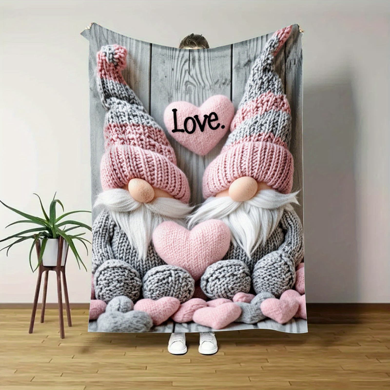 TEMU 1pc Gnome Blanket With Cute Gnomes & Hearts - Soft Lightweight Portable Throw For Bed, Sofa, Travel & Camping - Cozy Machine Washable Bedspread, Room Decor, Durable Comfortable Bed Covering