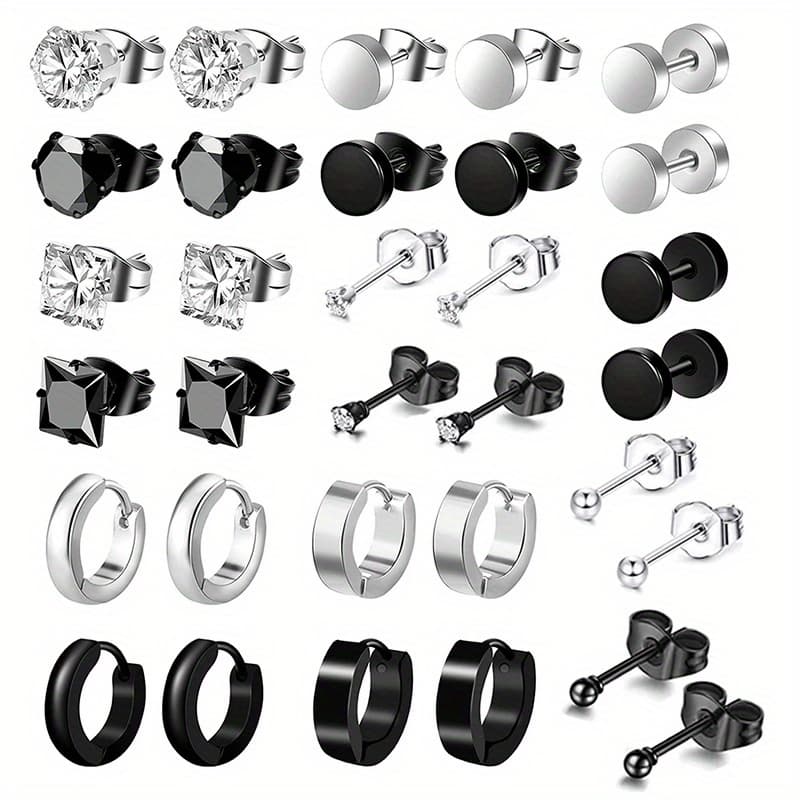 TEMU 12/16 Pairs Earrings For Men Stainless Steel Earrings Unisex Synthetic Cubic Zirconiaia Barbell Hoop Earrings Set Boys Girls Jewelry Set Gifs