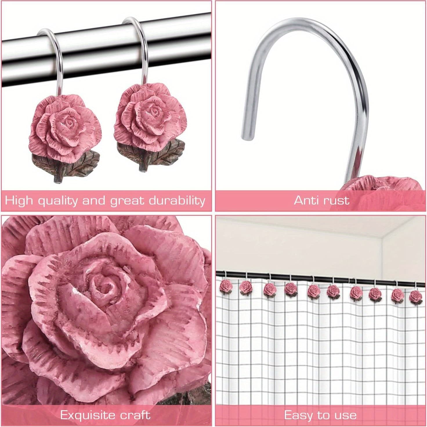 TEMU 12pcs Rose Decorative Shower Curtain Hooks, Stainless Steel Shower Rings For Curtain Bathroom Shower Rods, Bathroom Supplies Accessories