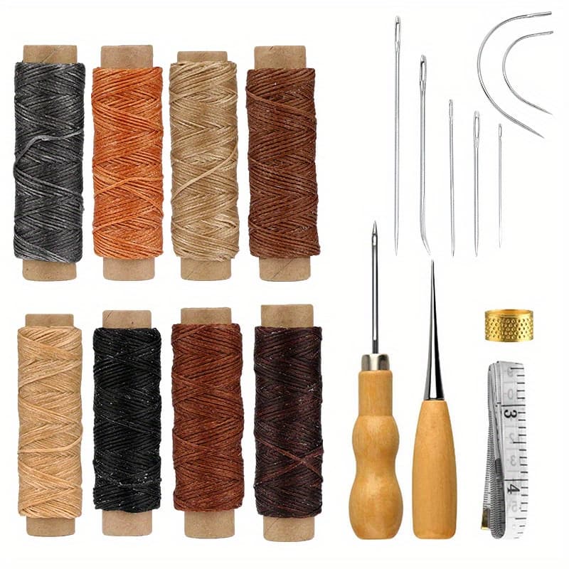 TEMU 19pcs Leather Waxed Thread Set, 8 Colors, 264 Yards Total, 150d Leather Sewing Cord, Stainless Tools Kit For Diy Leathercraft Sewing Projects
