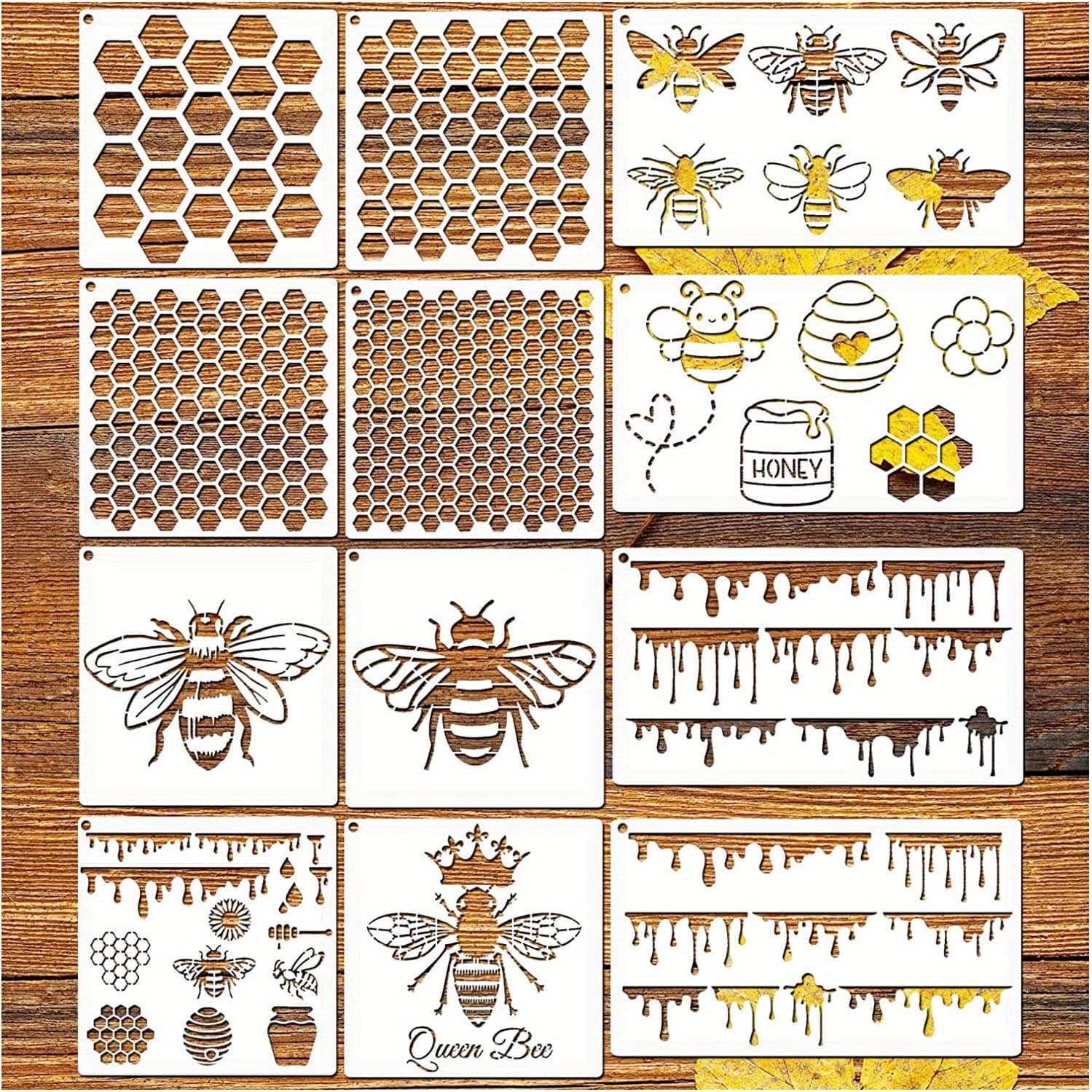 TEMU 12 Pieces Bee Honeycomb Stencil, Reusable Bee Stencils For Painting On Wood Signs Furniture Diy Crafts Wall Canvas Fabric Plastic Drawing Template Hexagon Paint Wood Burning Stencils